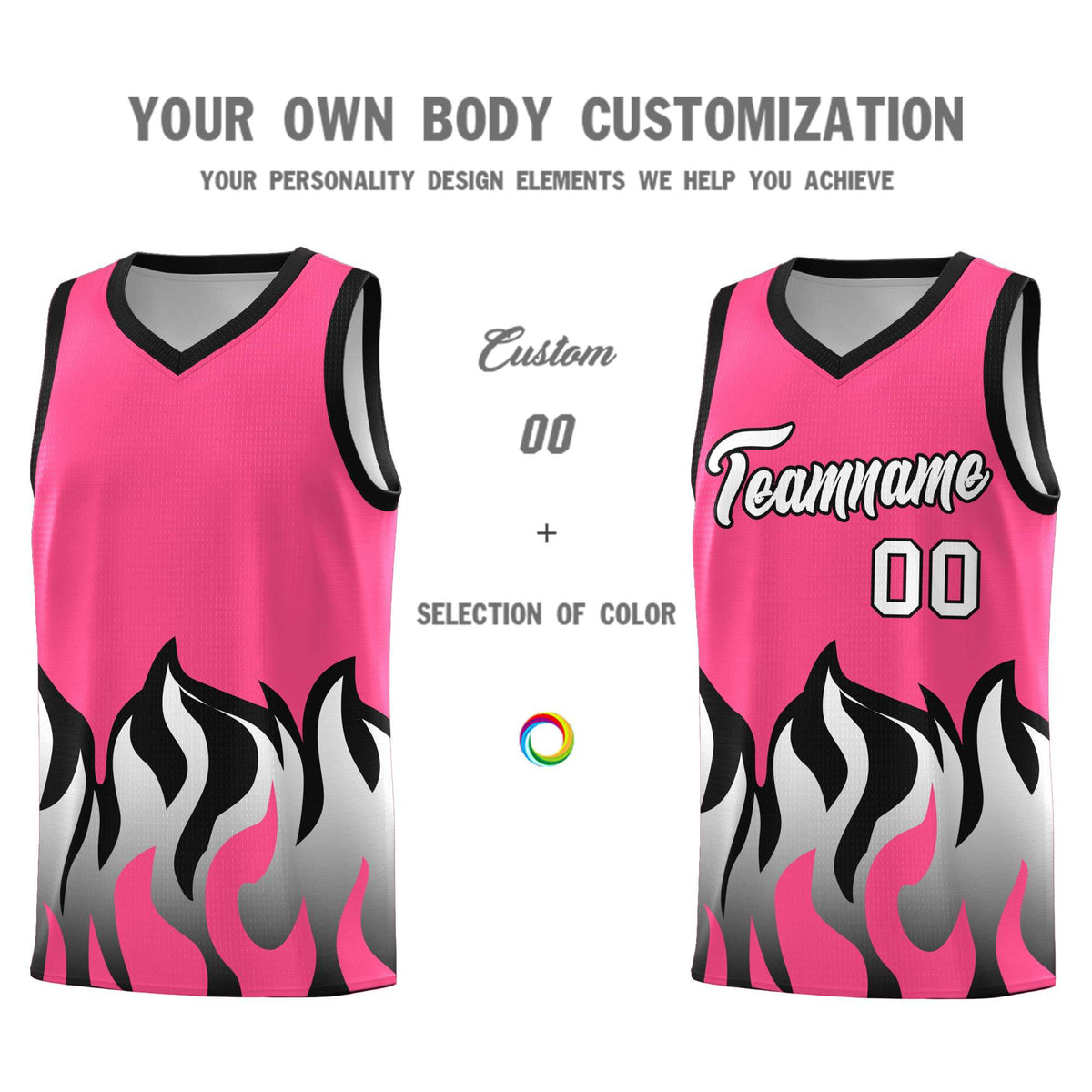Custom Pink Black Hem Flame Pattern Fashion Sports Uniform Basketball jersey