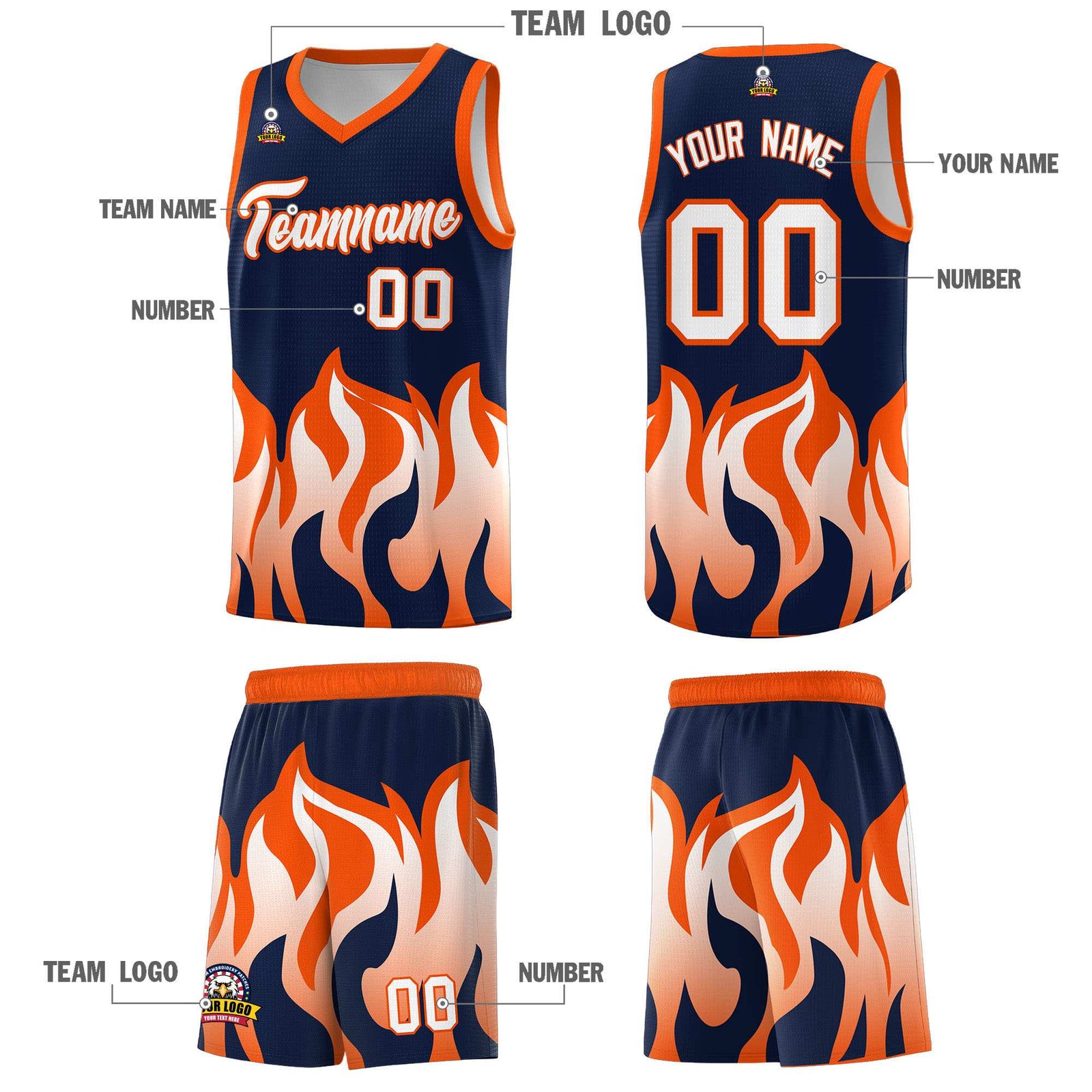Custom Navy Orange Hem Flame Pattern Fashion Sports Uniform Basketball jersey