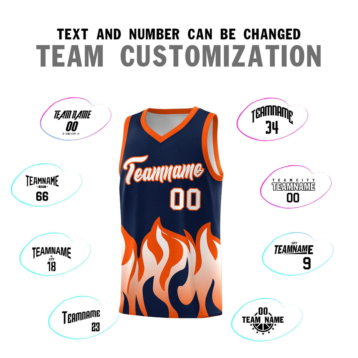 Custom Navy Orange Hem Flame Pattern Fashion Sports Uniform Basketball jersey