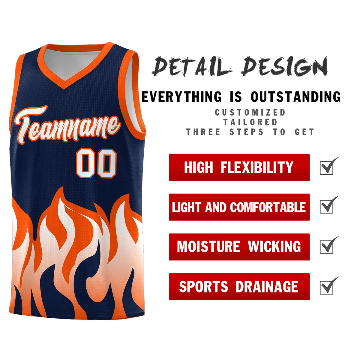 Custom Navy Orange Hem Flame Pattern Fashion Sports Uniform Basketball jersey