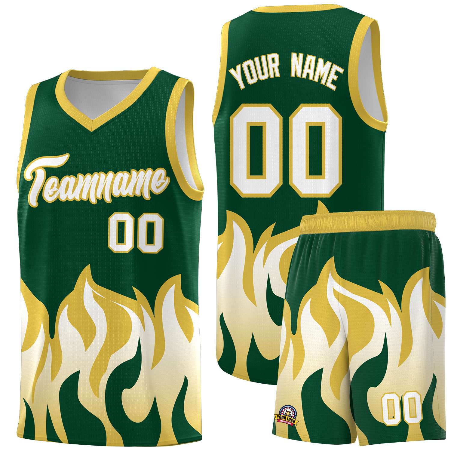 Custom Kelly Green Old Gold Hem Flame Pattern Fashion Sports Uniform Basketball jersey