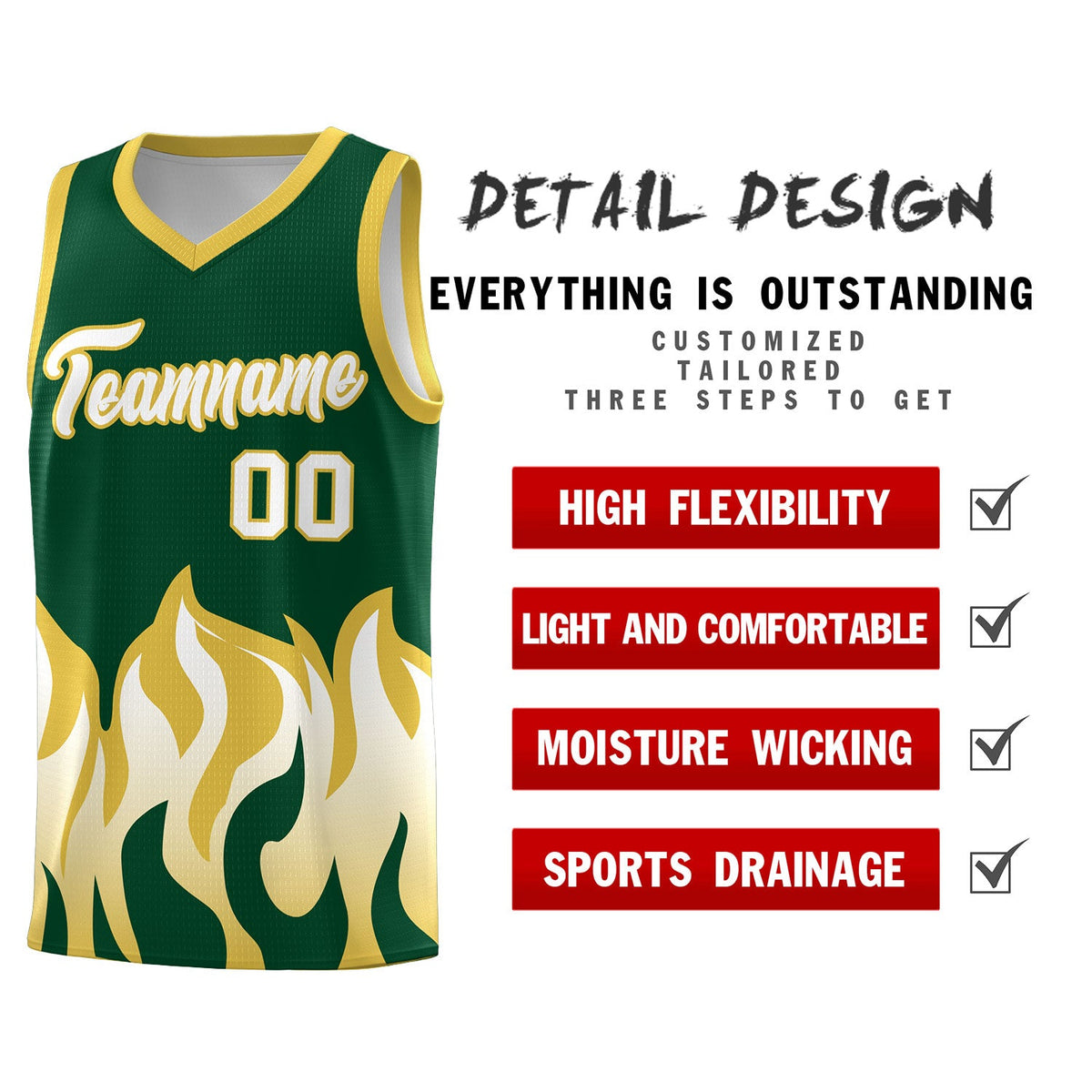 Custom Kelly Green Old Gold Hem Flame Pattern Fashion Sports Uniform Basketball jersey