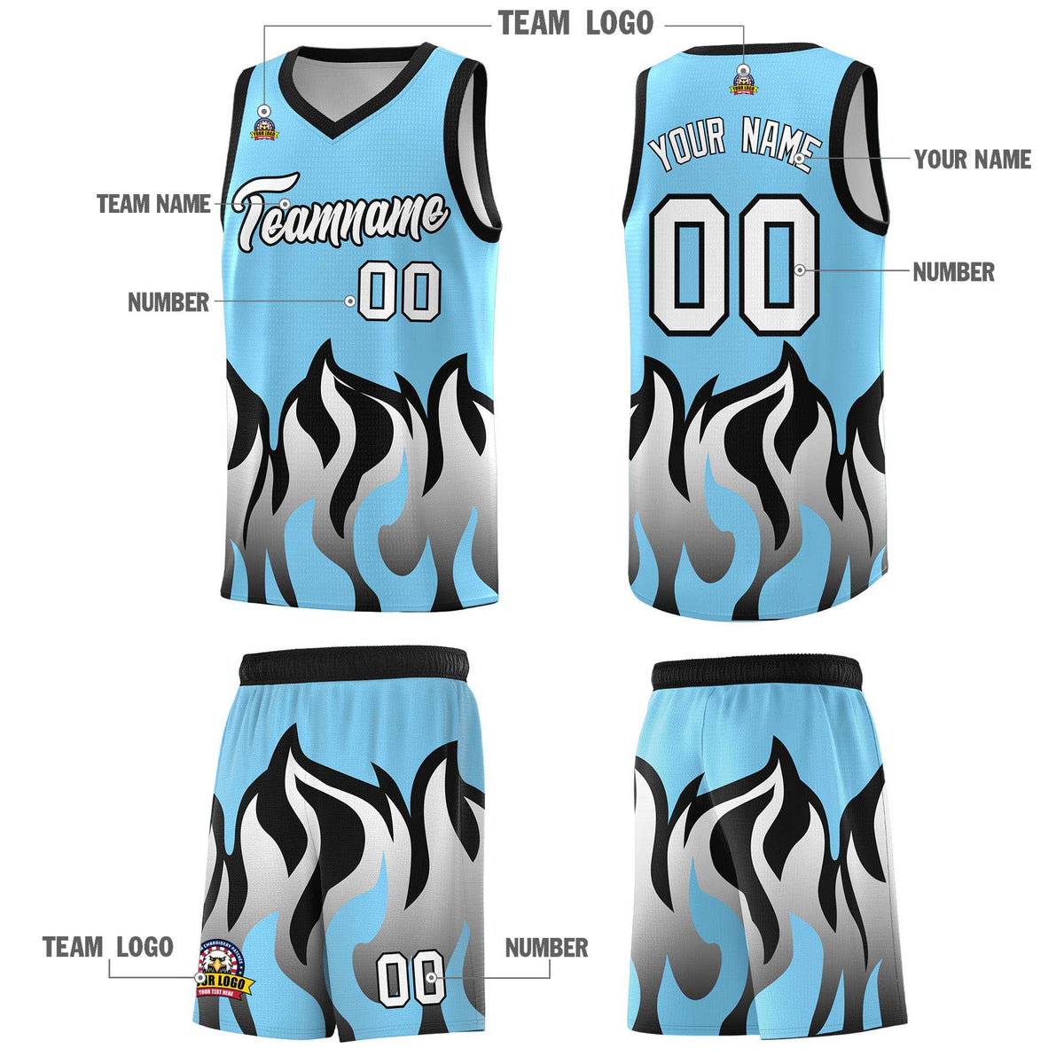 Custom Light Blue Black Hem Flame Pattern Fashion Sports Uniform Basketball jersey