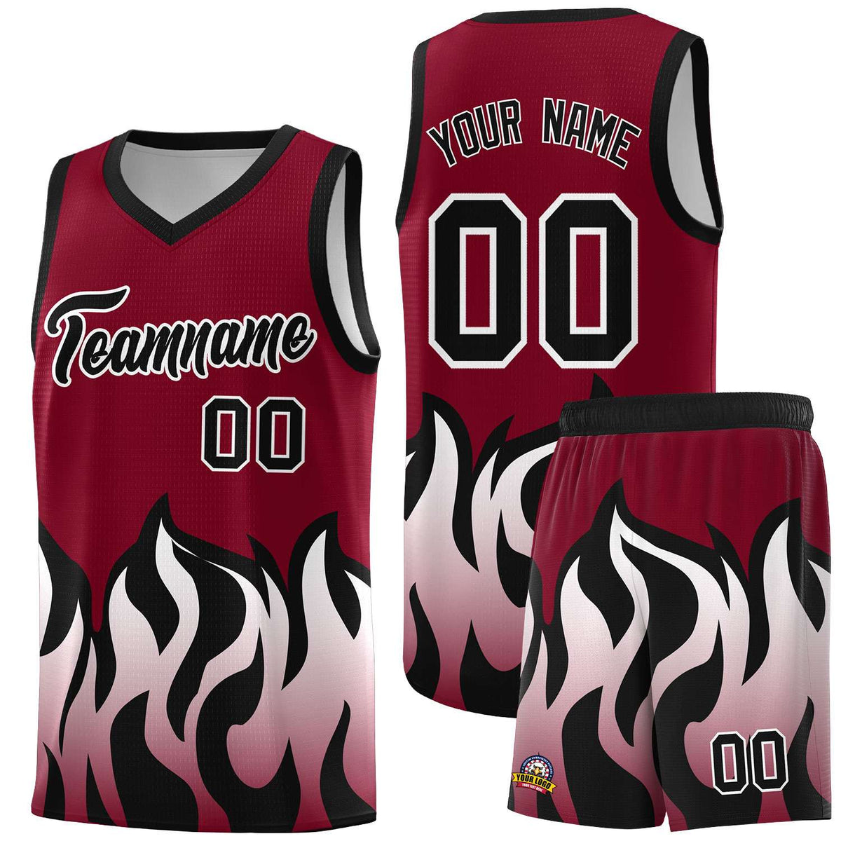Custom Crimson Black Hem Flame Pattern Fashion Sports Uniform Basketball jersey