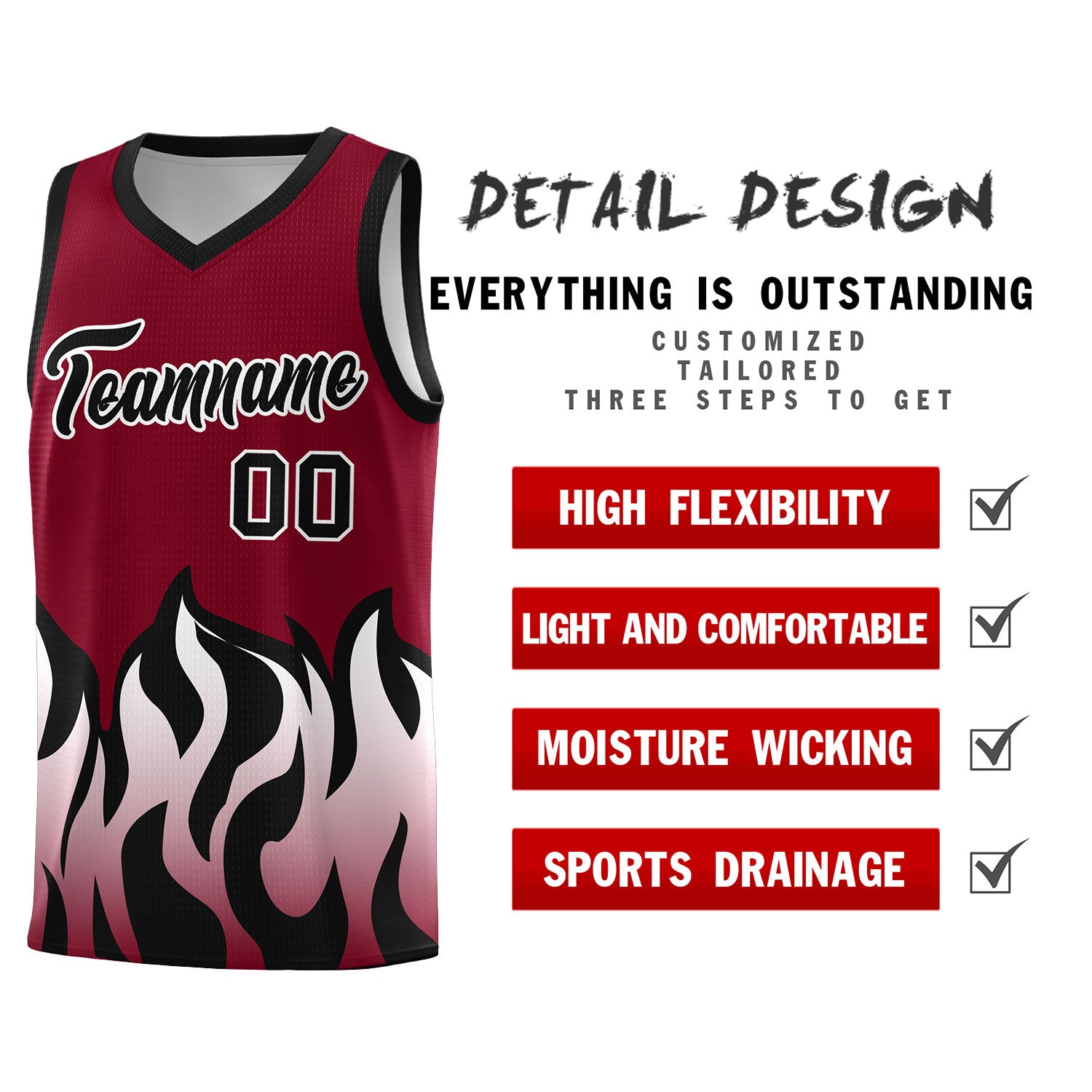 Custom Crimson Black Hem Flame Pattern Fashion Sports Uniform Basketball jersey