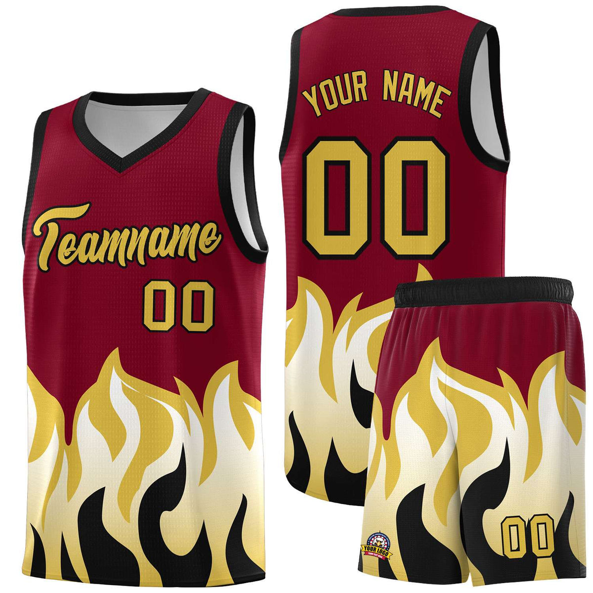 Custom Crimson Old Gold Hem Flame Pattern Fashion Sports Uniform Basketball jersey