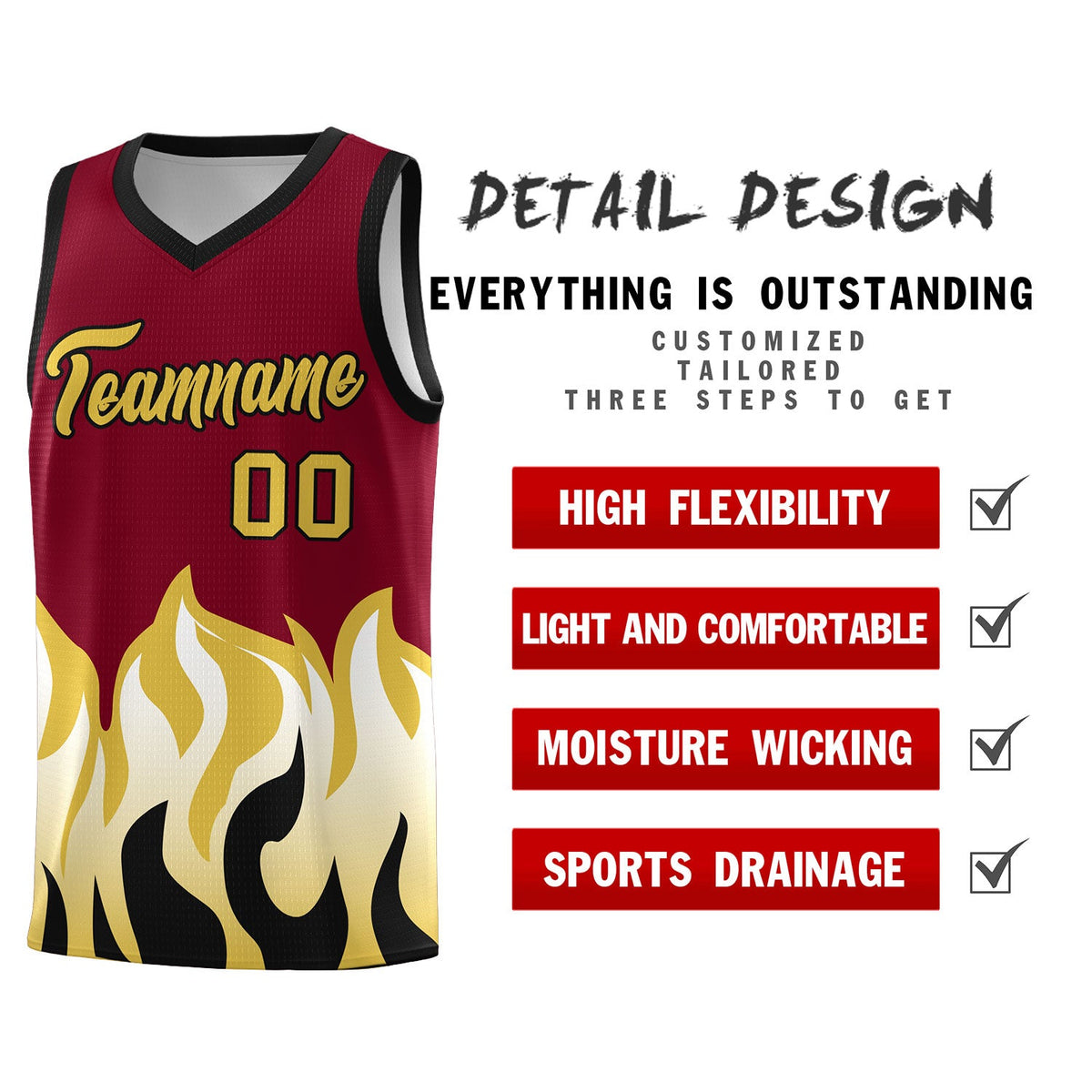 Custom Crimson Old Gold Hem Flame Pattern Fashion Sports Uniform Basketball jersey