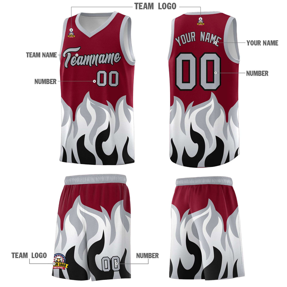 Custom Crimson Gray Hem Flame Pattern Fashion Sports Uniform Basketball jersey