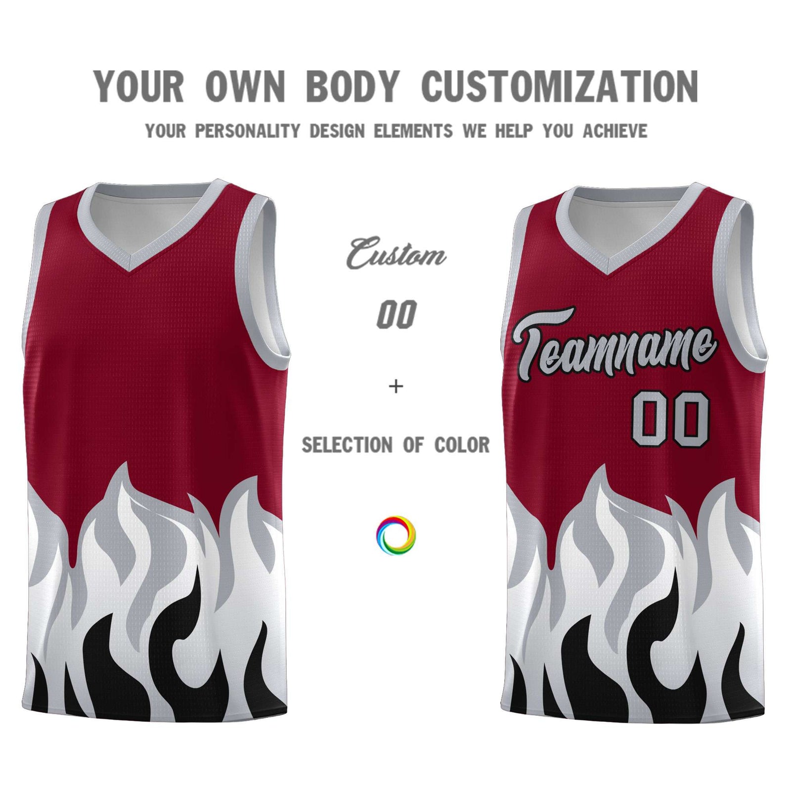 Custom Crimson Gray Hem Flame Pattern Fashion Sports Uniform Basketball jersey