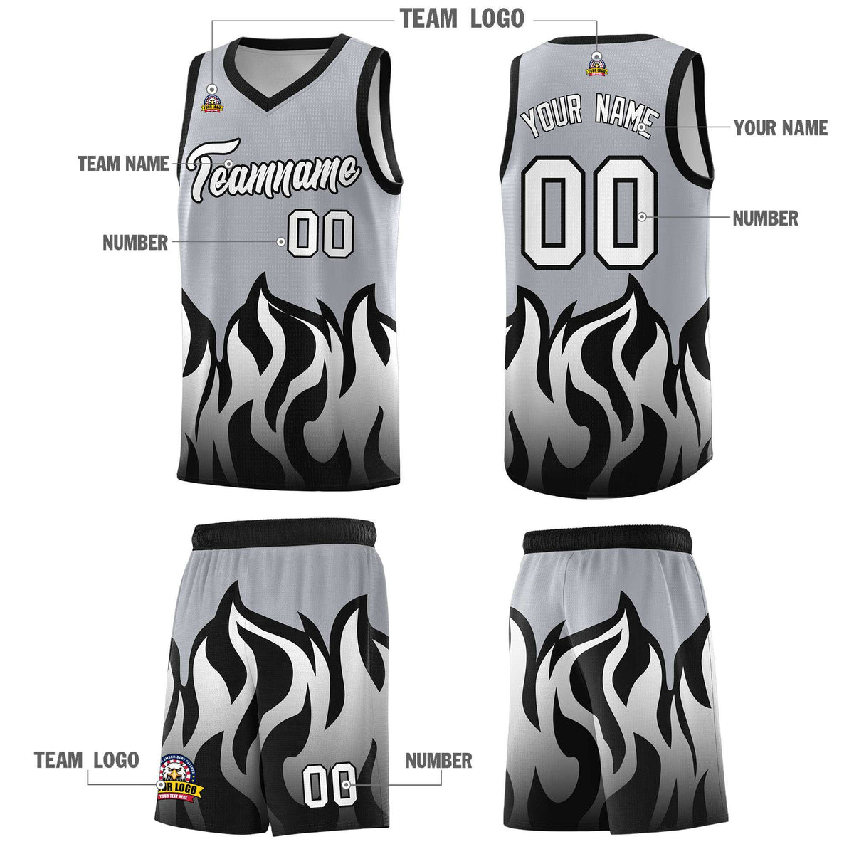 Custom Gray Black Hem Flame Pattern Fashion Sports Uniform Basketball jersey