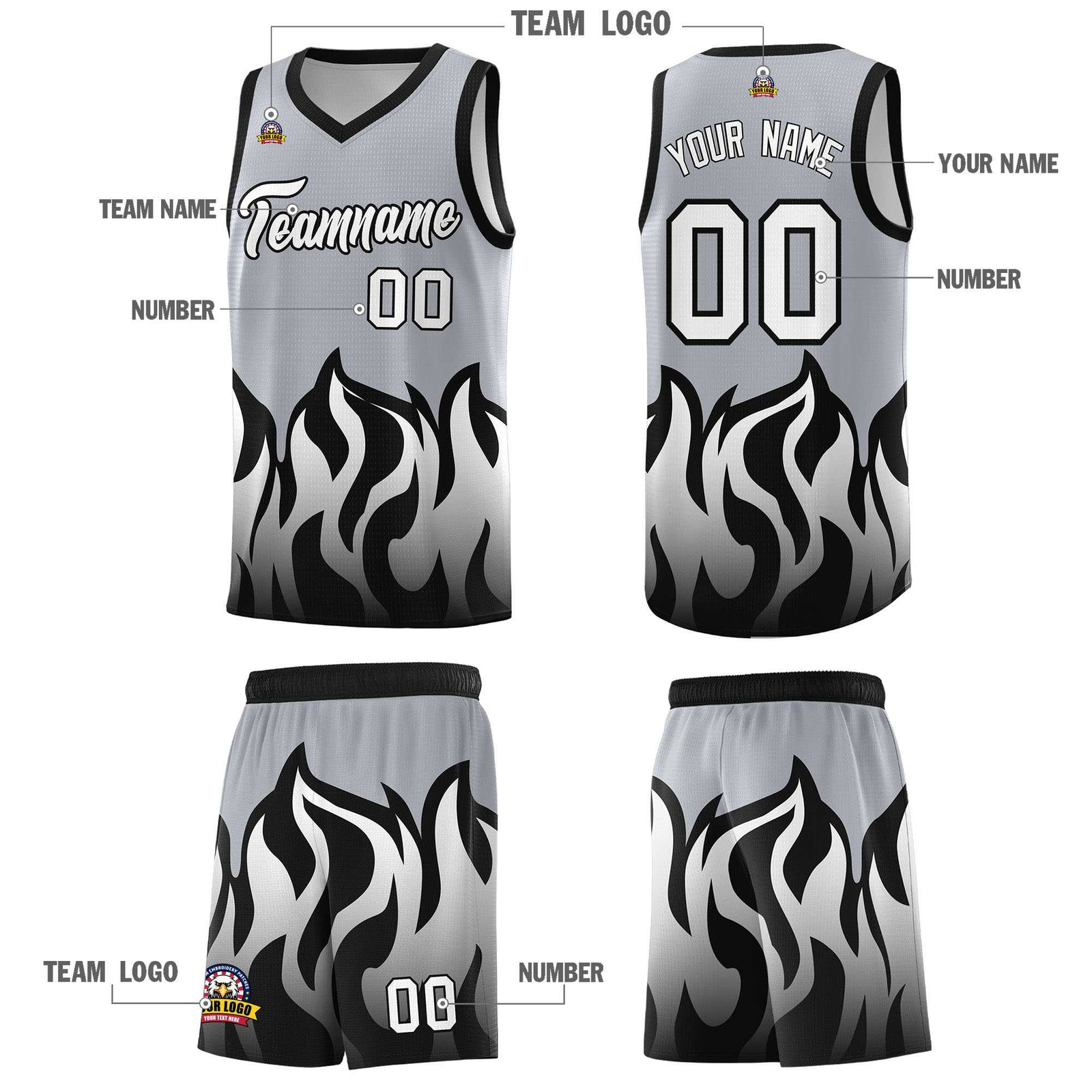 Custom Gray Black Hem Flame Pattern Fashion Sports Uniform Basketball jersey