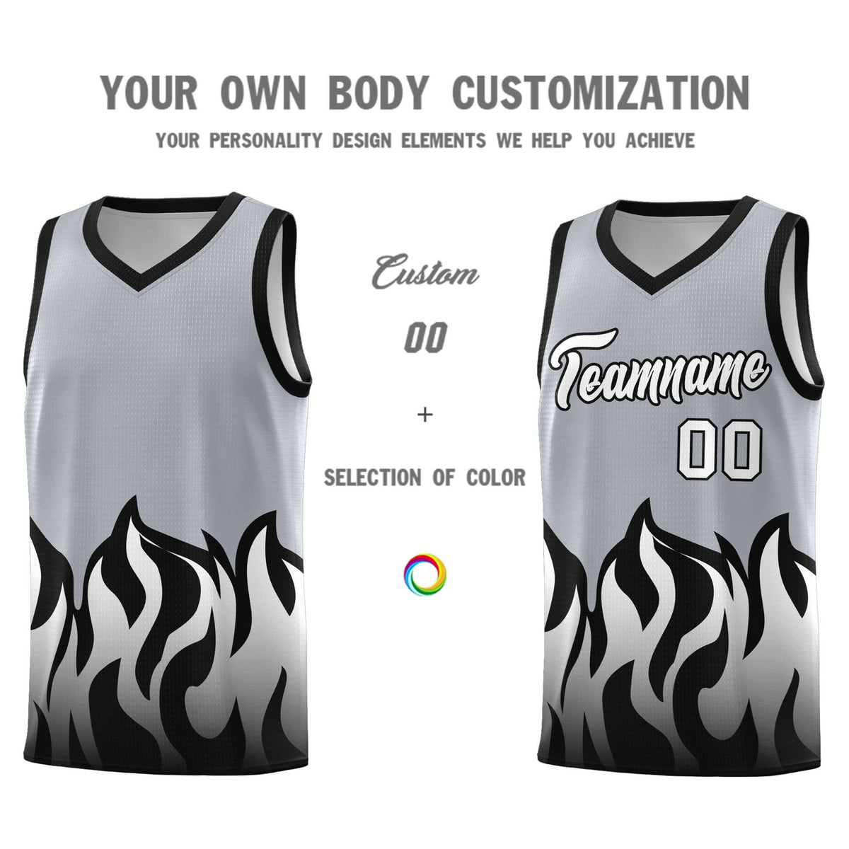 Custom Gray Black Hem Flame Pattern Fashion Sports Uniform Basketball jersey
