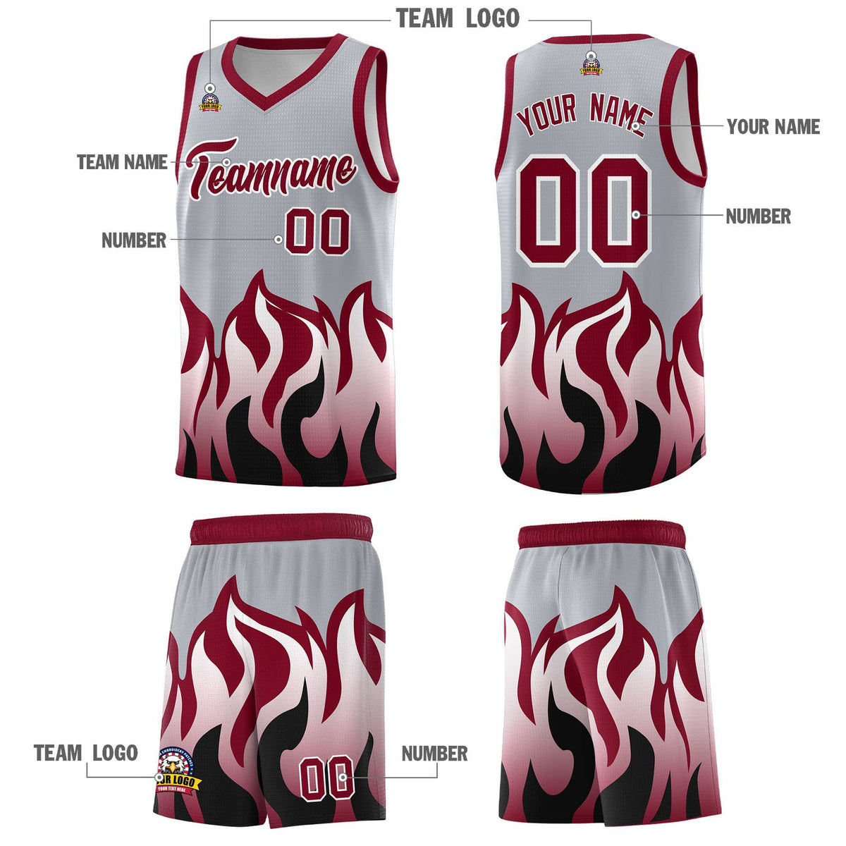 Custom Gray Crimson Hem Flame Pattern Fashion Sports Uniform Basketball jersey
