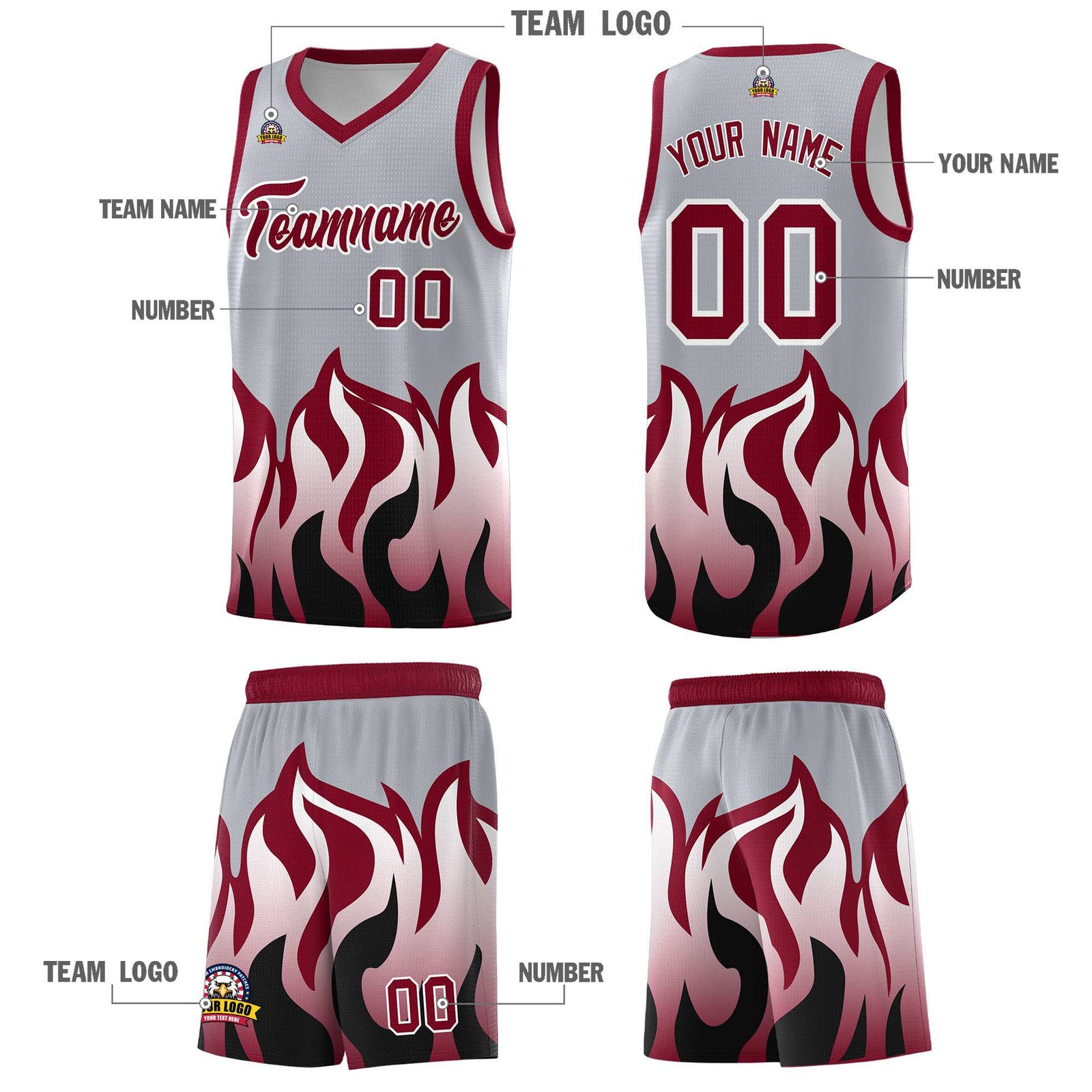 Custom Gray Crimson Hem Flame Pattern Fashion Sports Uniform Basketball jersey