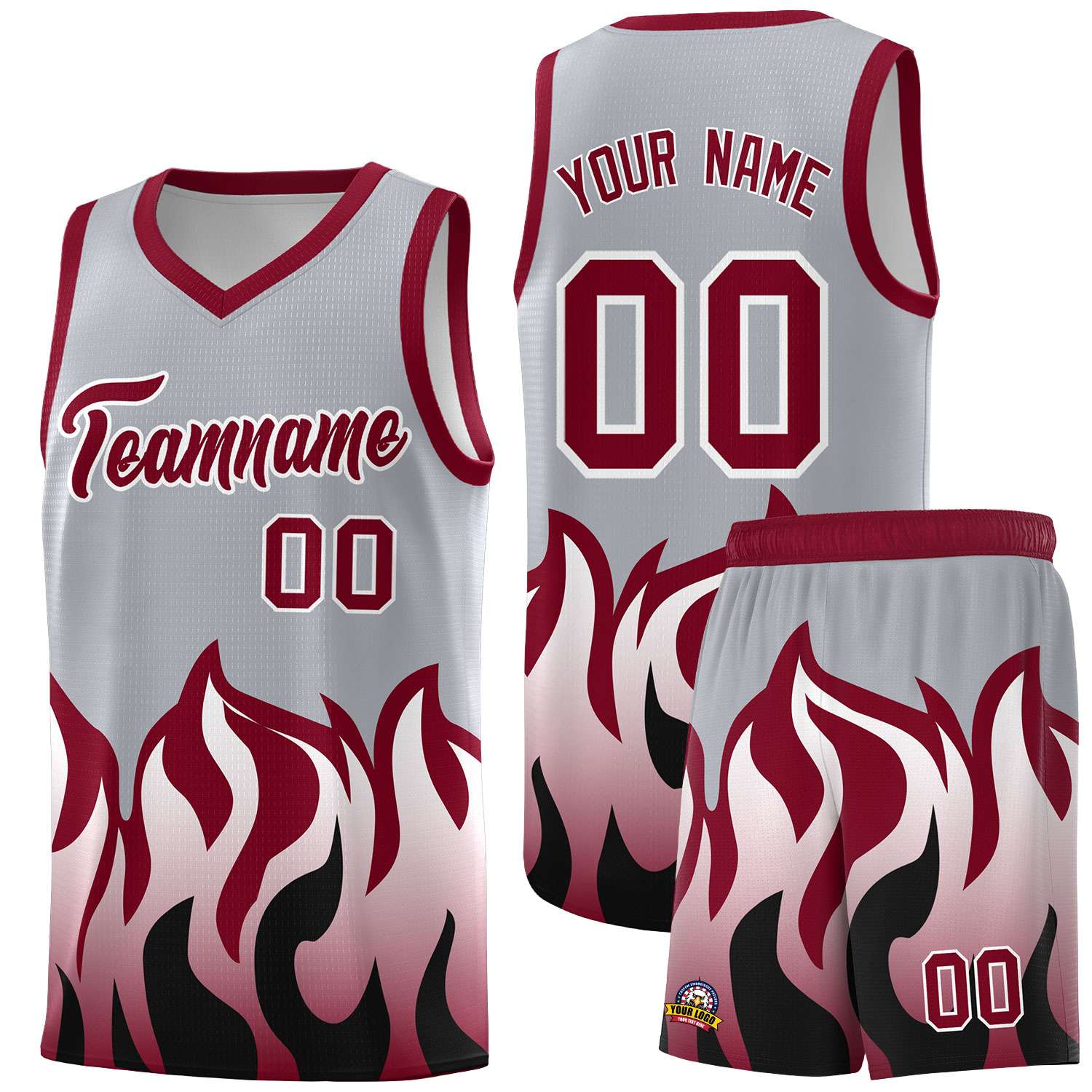 Custom Gray Crimson Hem Flame Pattern Fashion Sports Uniform Basketball jersey