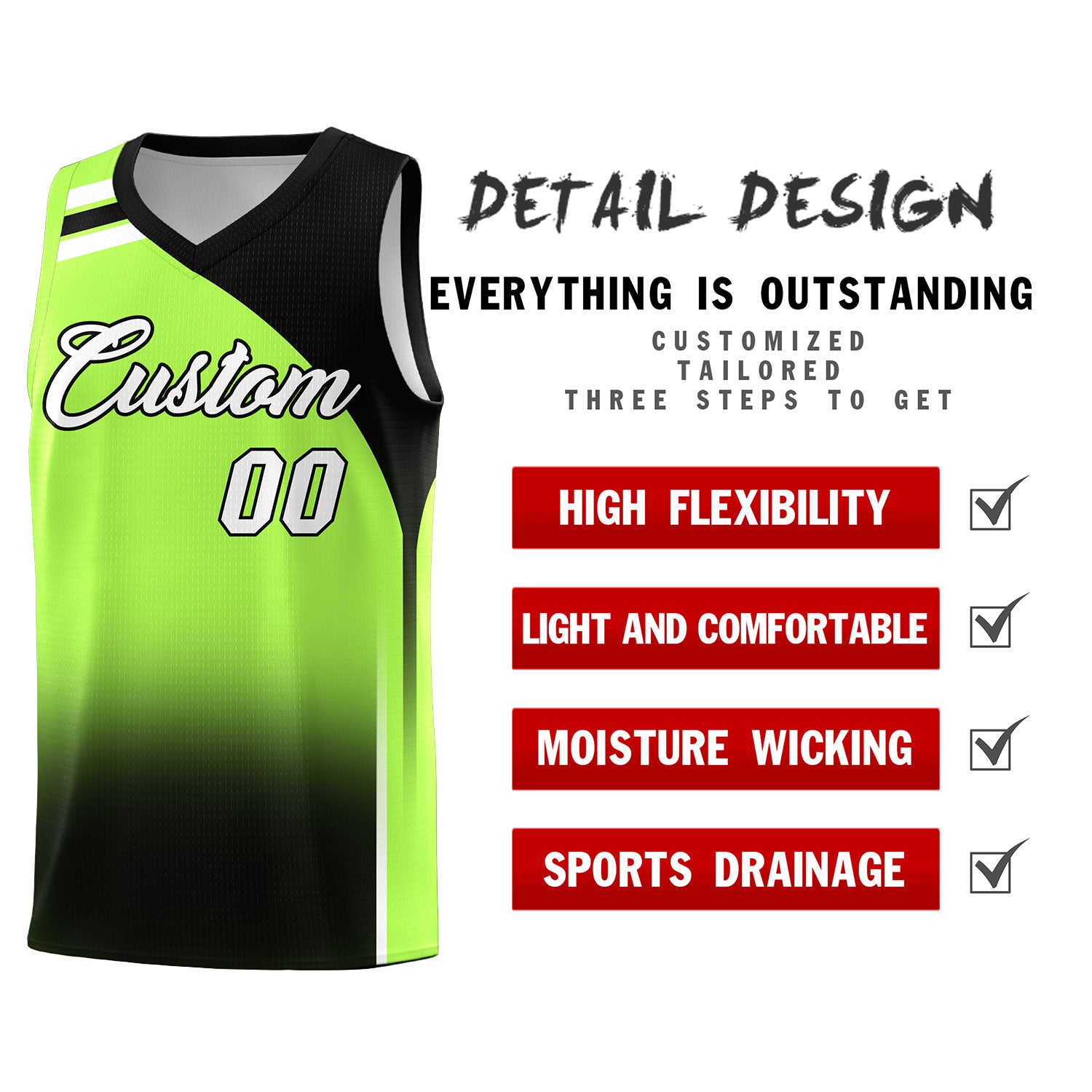 Custom Fluorescent Green and Black Gradient Fashion Sets Sports Uniform Basketball Jersey