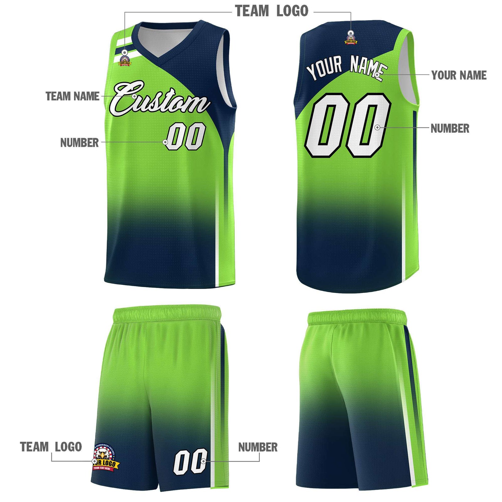 Custom Fluorescent Green Navy Gradient Fashion Sets Sports Uniform Basketball Jersey