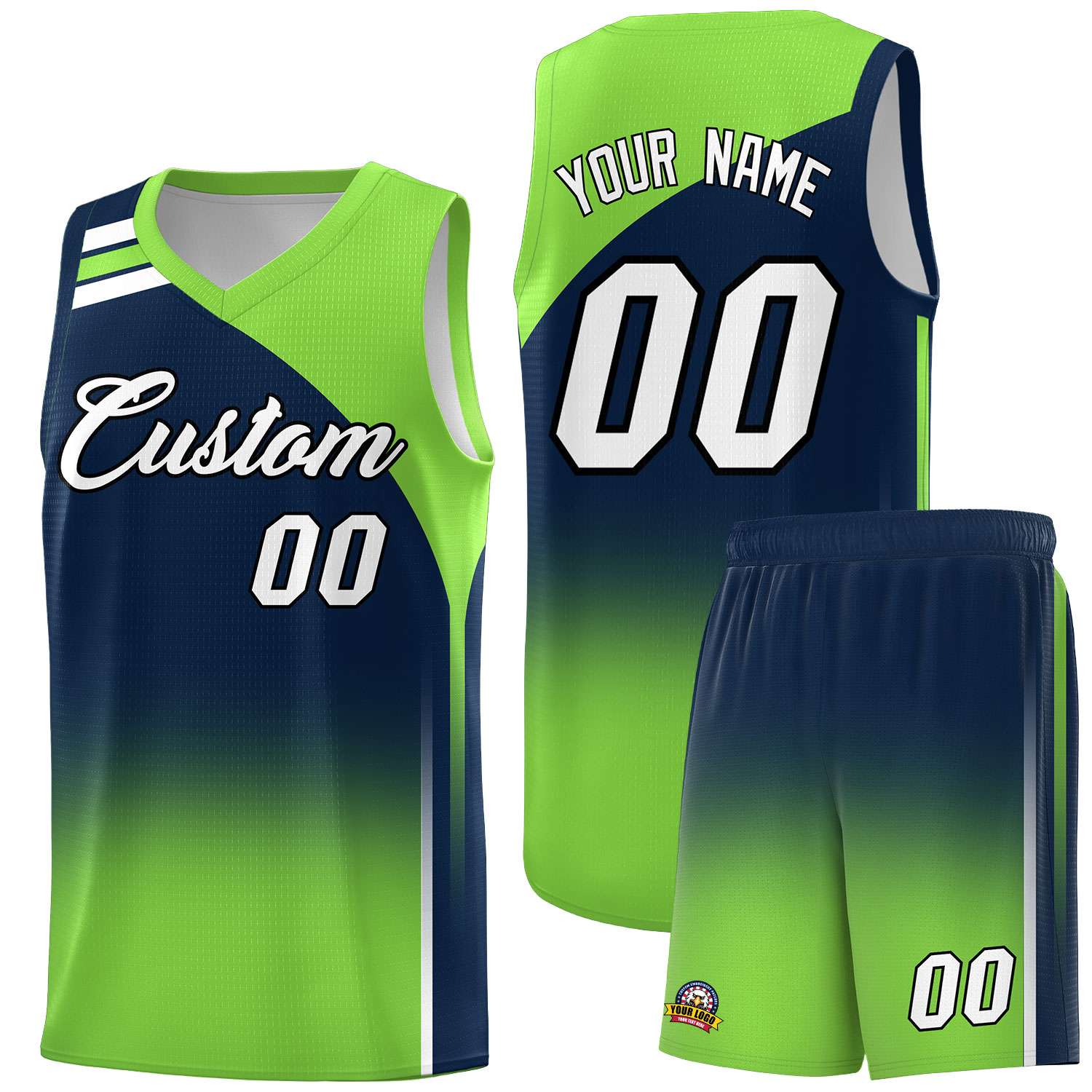 Custom Navy and Fluorescent Green Gradient Fashion Sets Sports Uniform Basketball Jersey