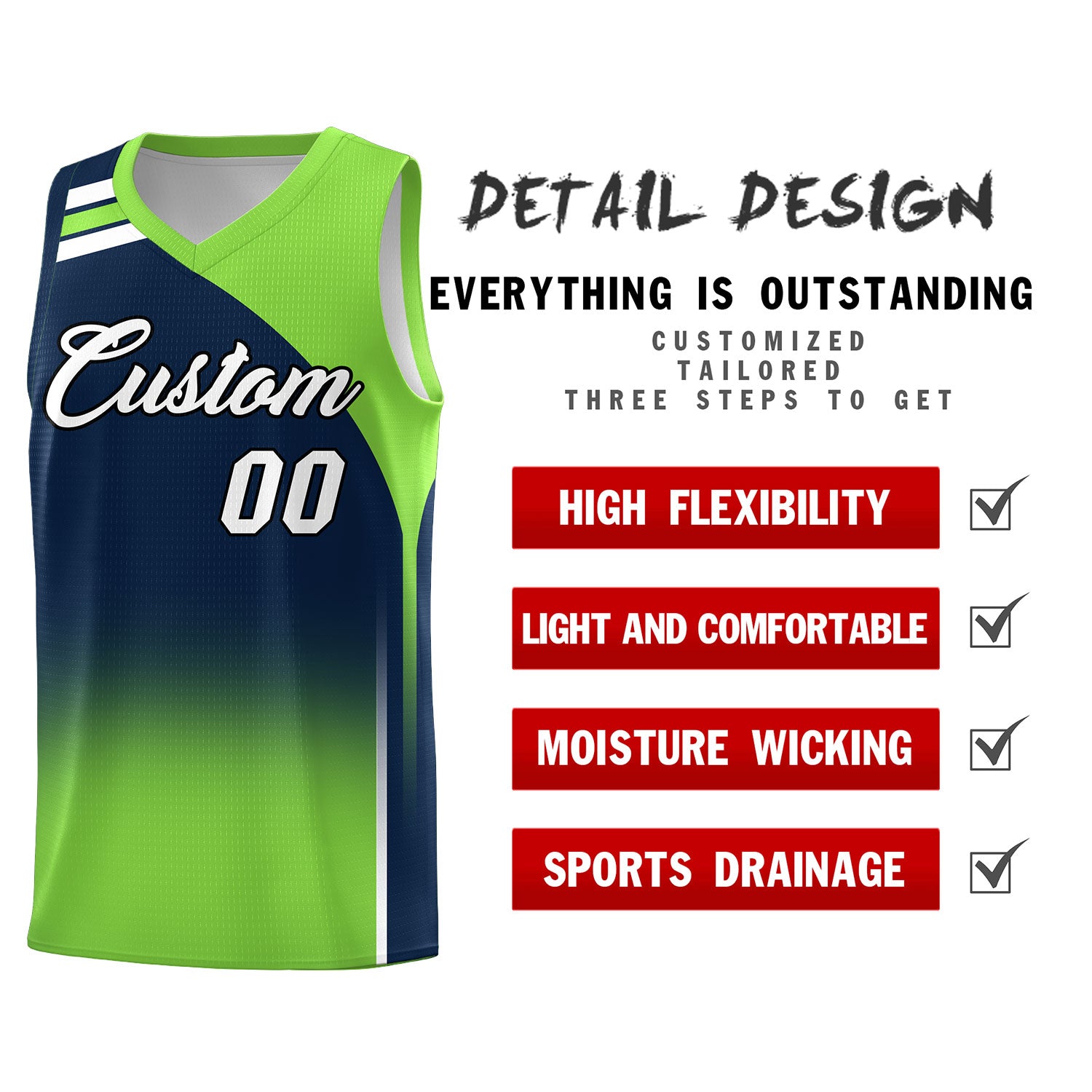 Custom Navy and Fluorescent Green Gradient Fashion Sets Sports Uniform Basketball Jersey