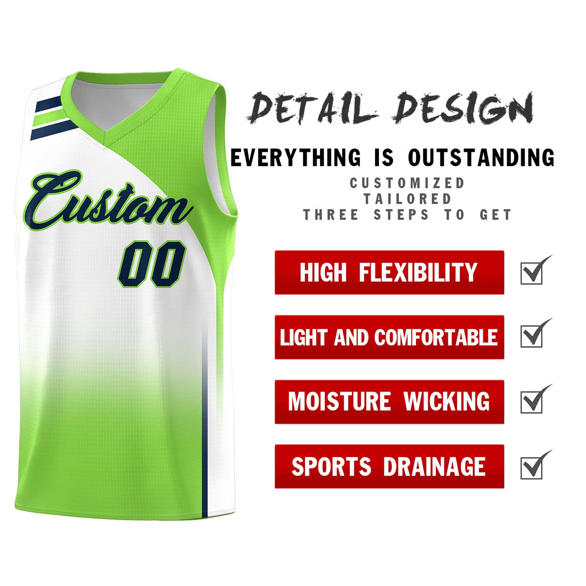 Custom White Fluorescent Green Gradient Fashion Sets Sports Uniform Basketball Jersey