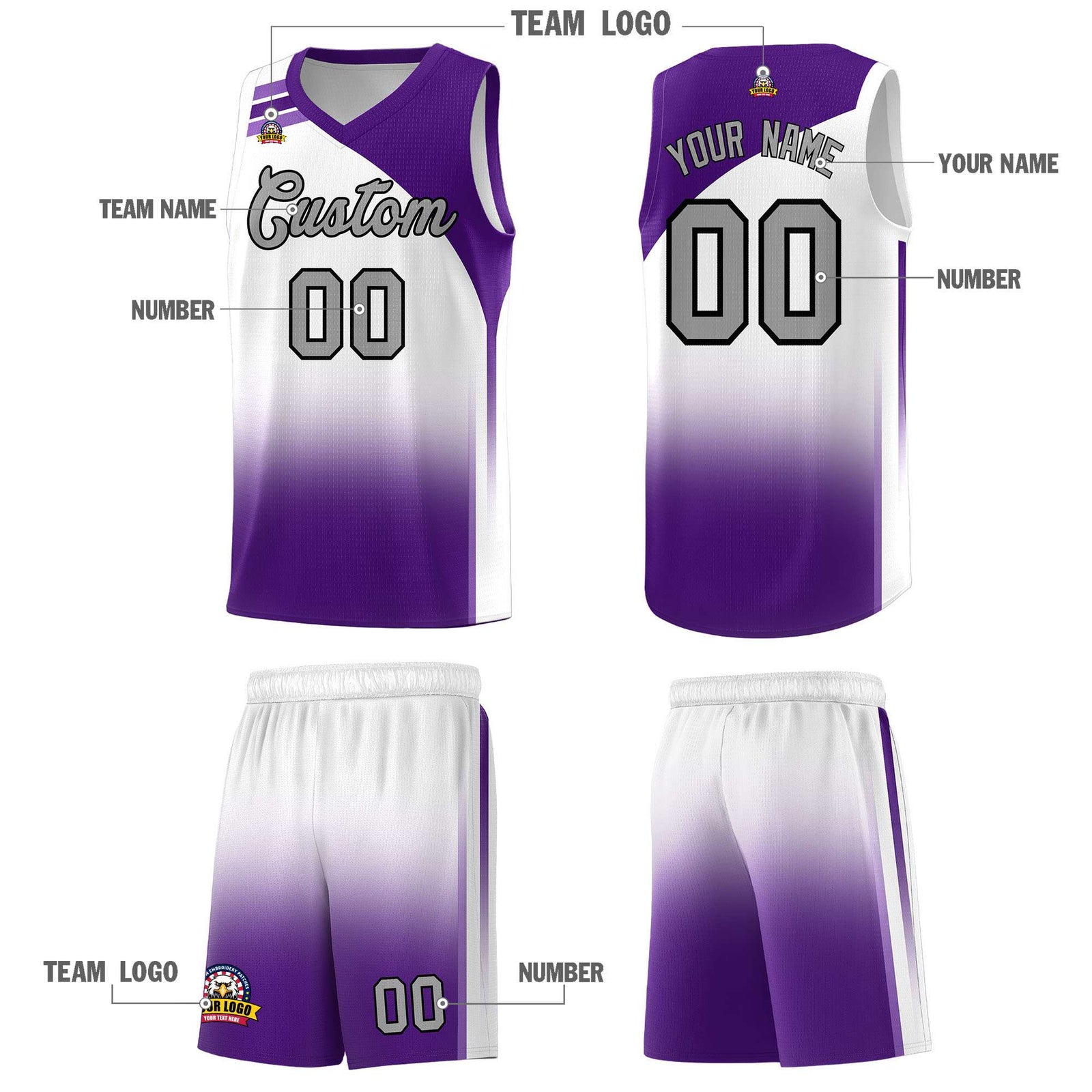 Custom White Purple Gradient Fashion Sets Sports Uniform Basketball Jersey