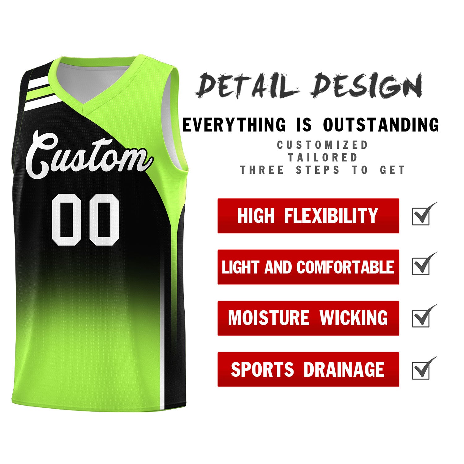 Custom Black Fluorescent Green Gradient Fashion Sets Sports Uniform Basketball Jersey