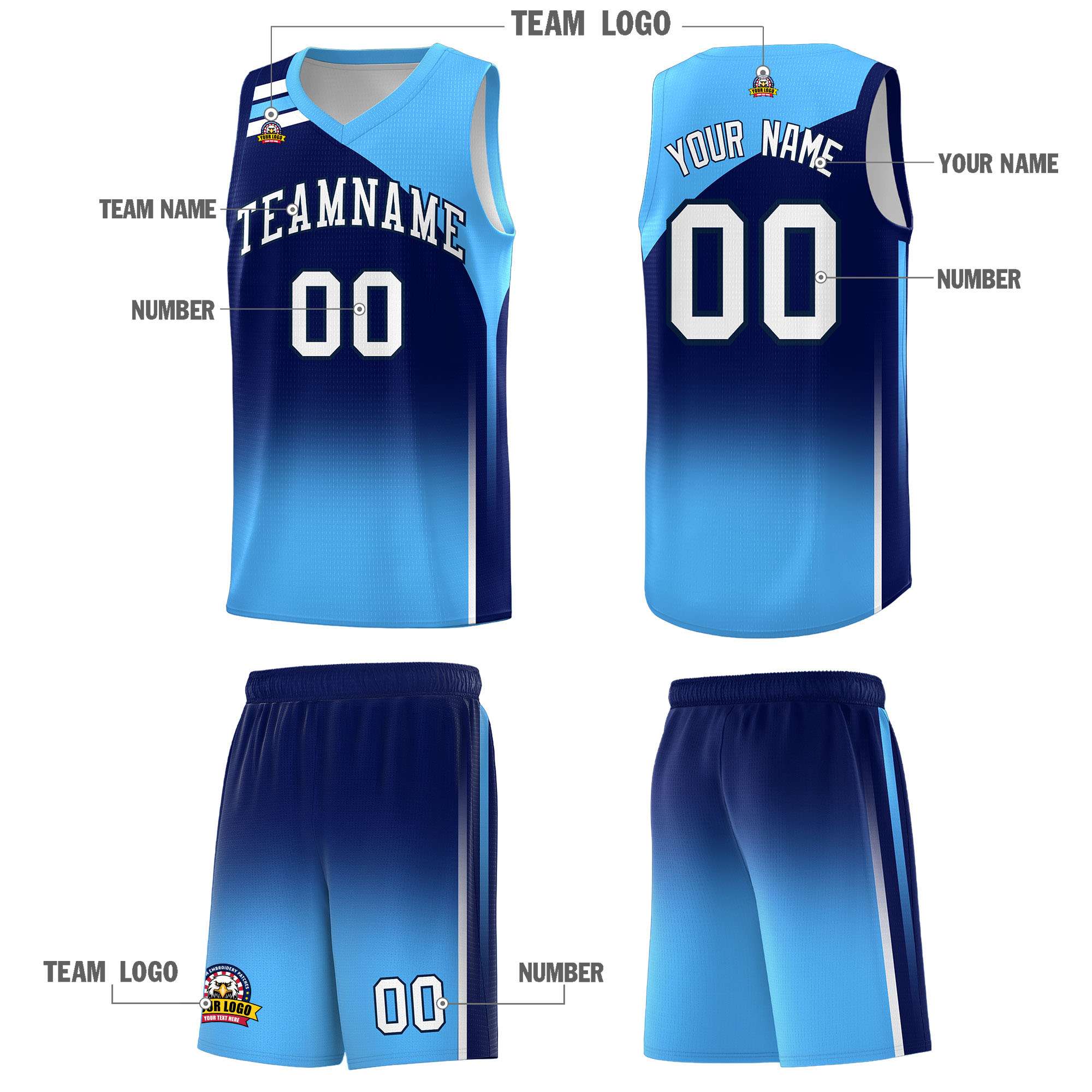 Custom Navy Powder Blue Gradient Fashion Sets Sports Uniform Basketball Jersey