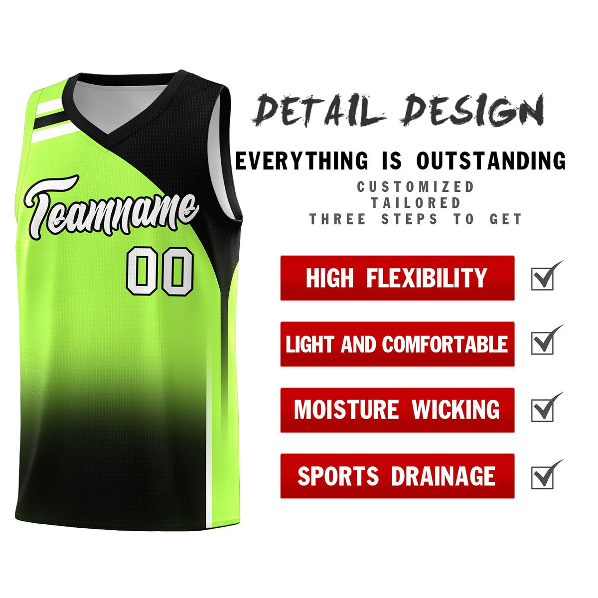 Custom Fluorescent Green Black Gradient Fashion Sets Sports Uniform Basketball Jersey