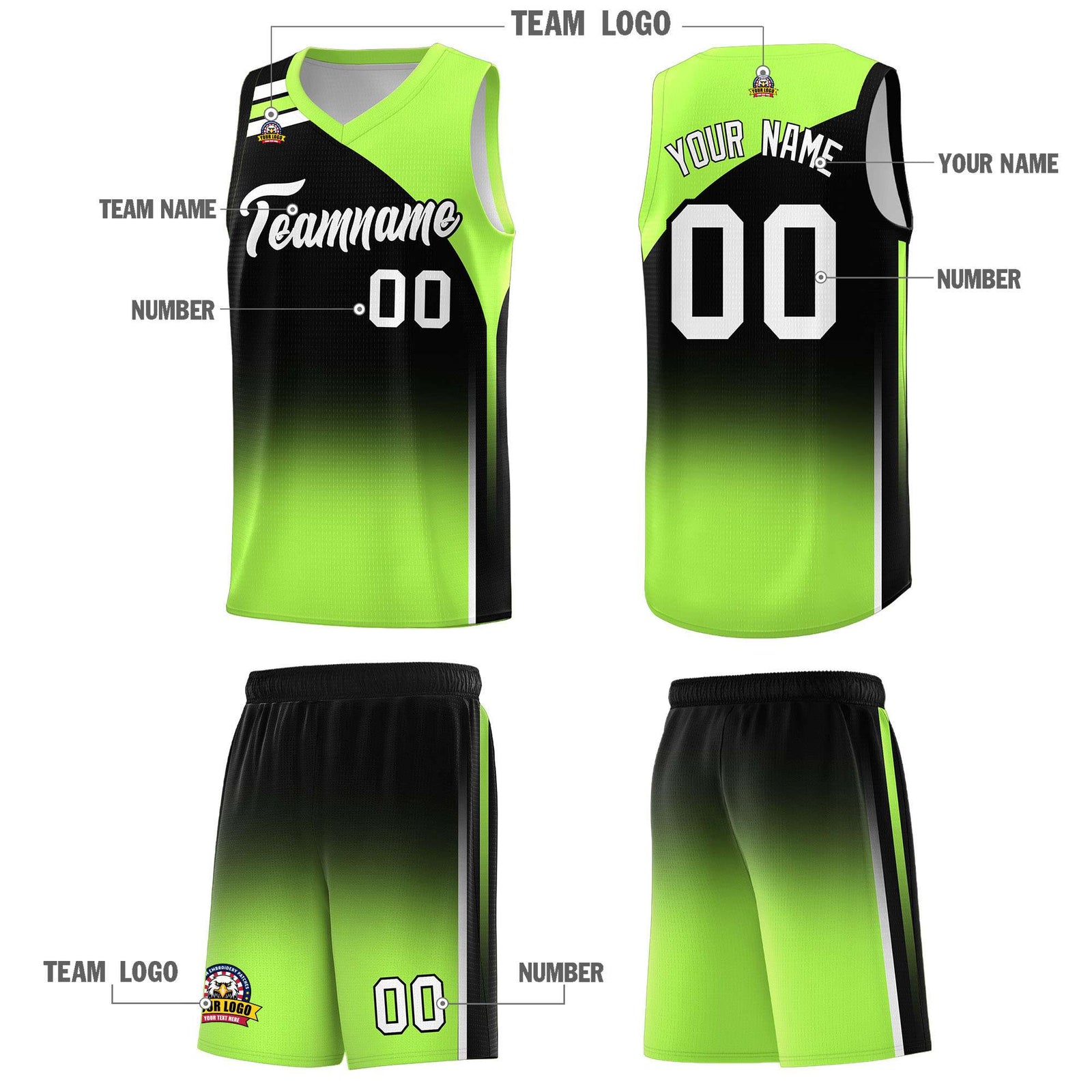 Custom Black Fluorescent Green Gradient Fashion Sets Sports Uniform Basketball Jersey