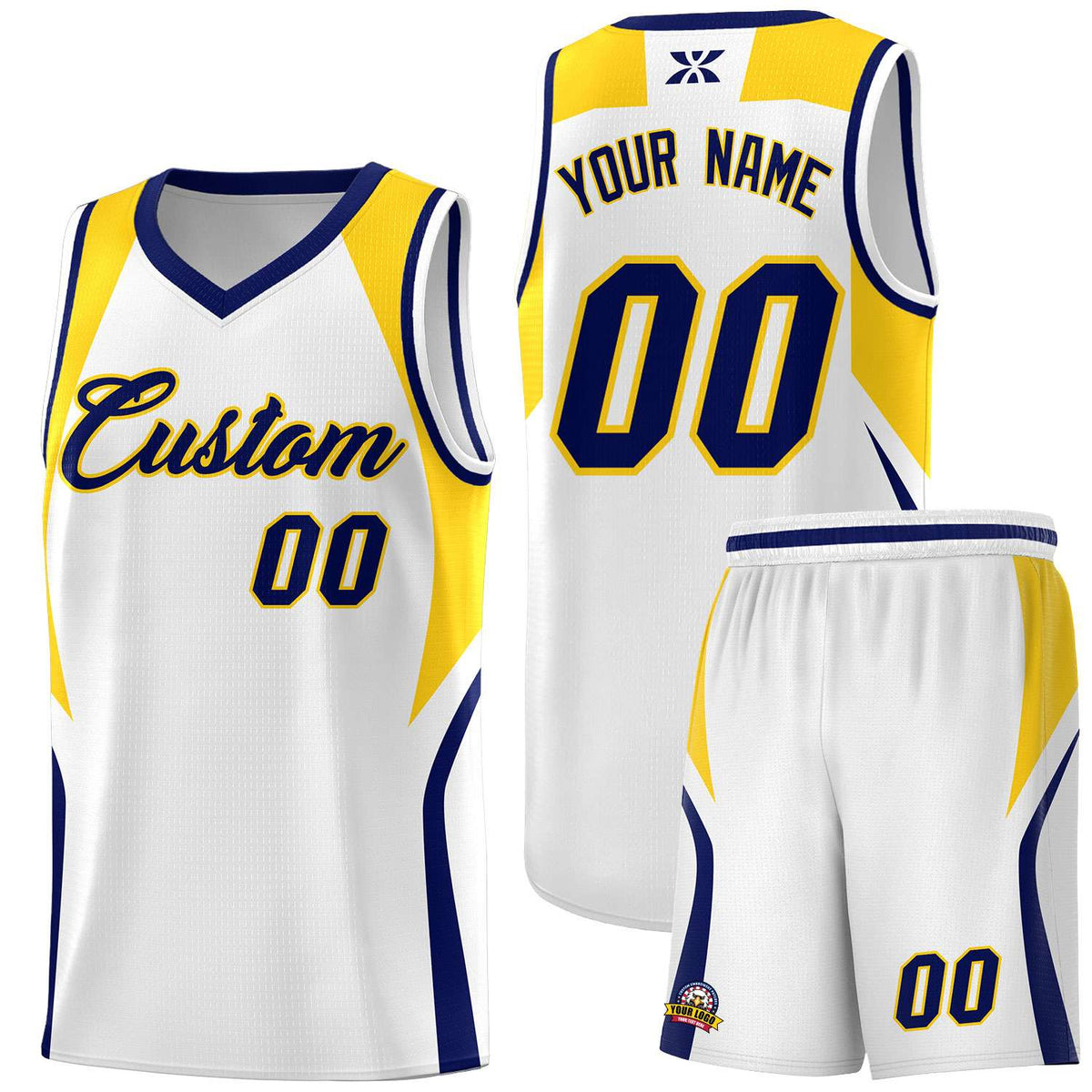 Custom White Navy and Gold Color Block Sports Uniform Basketball Jersey