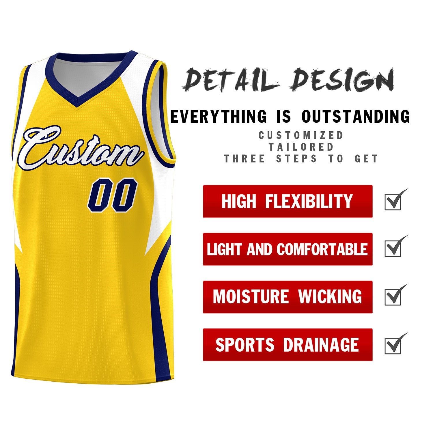 Custom Gold White and Navy Color Block Sports Uniform Basketball Jersey