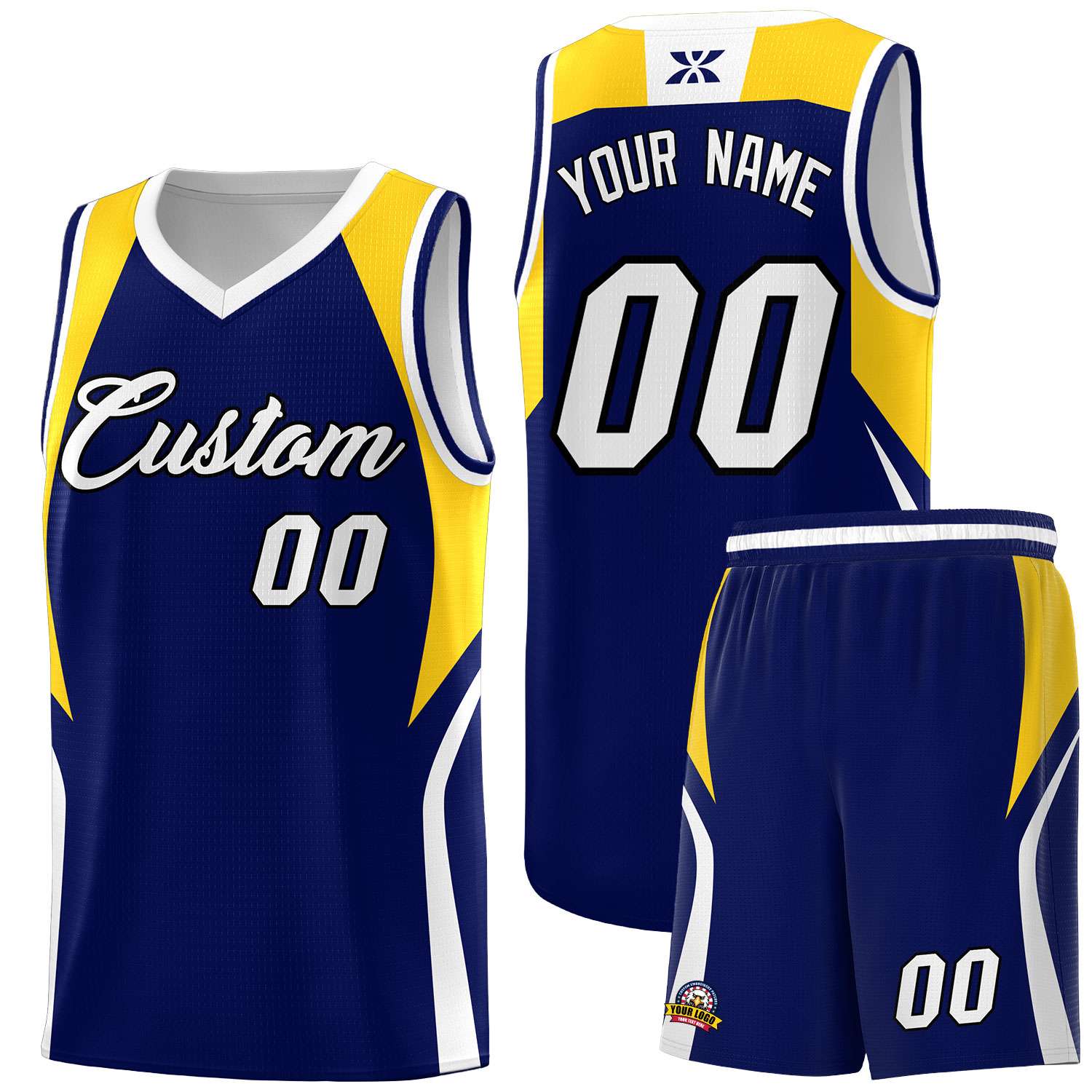Custom Navy Gold and White Color Block Sports Uniform Basketball Jersey