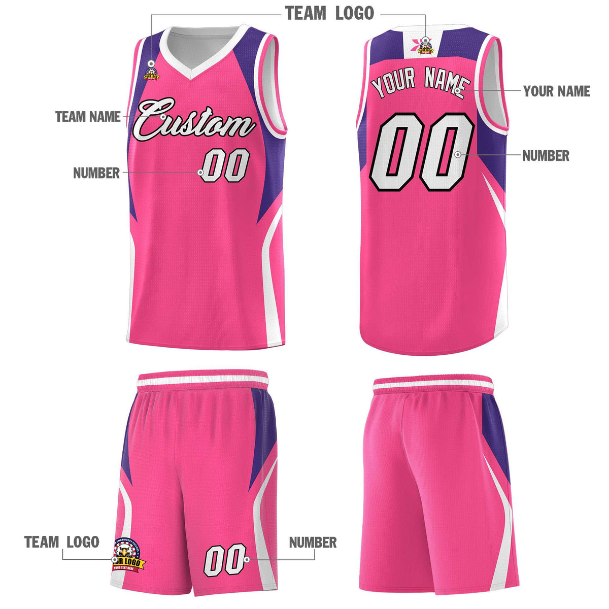 Custom Pink Purple and White Color Block Sports Uniform Basketball Jersey