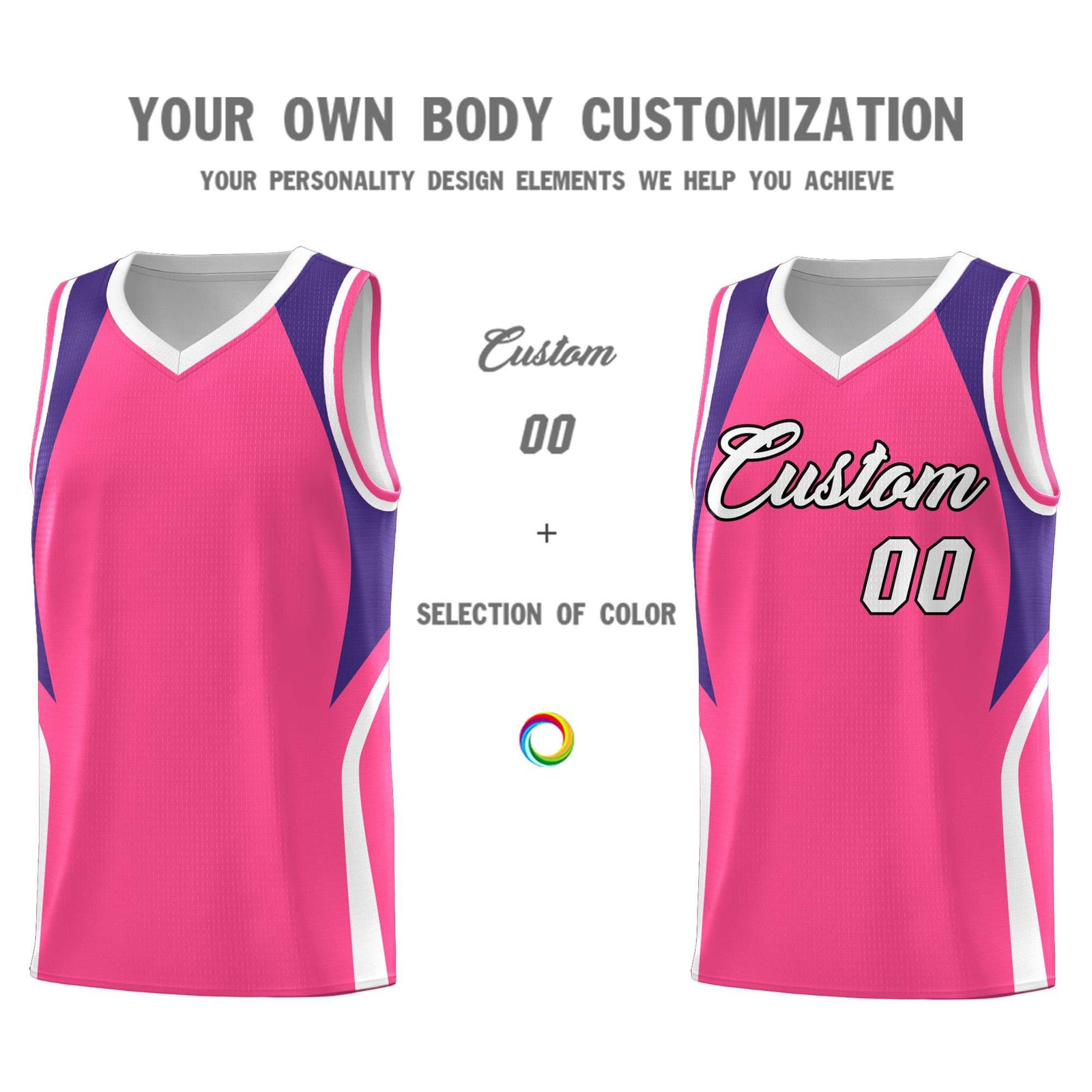 Custom Pink Purple and White Color Block Sports Uniform Basketball Jersey