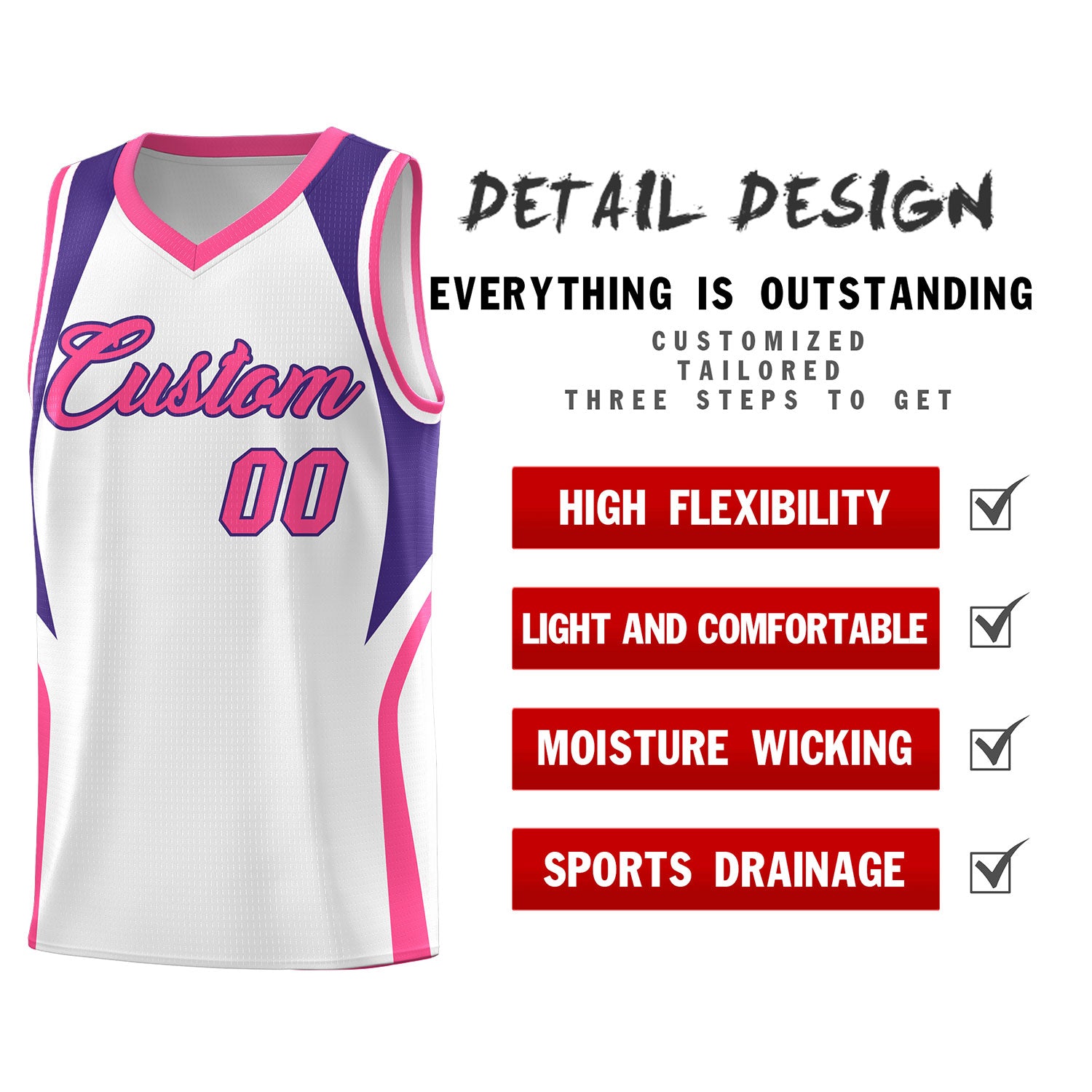 Custom White Purple and Pink Color Block Sports Uniform Basketball Jersey