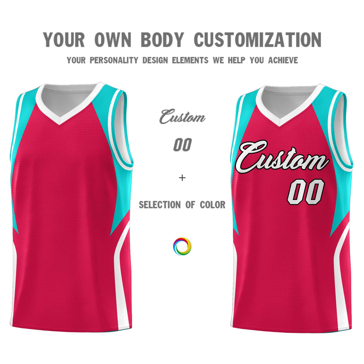 Custom Red Aqua and White Color Block Sports Uniform Basketball Jersey