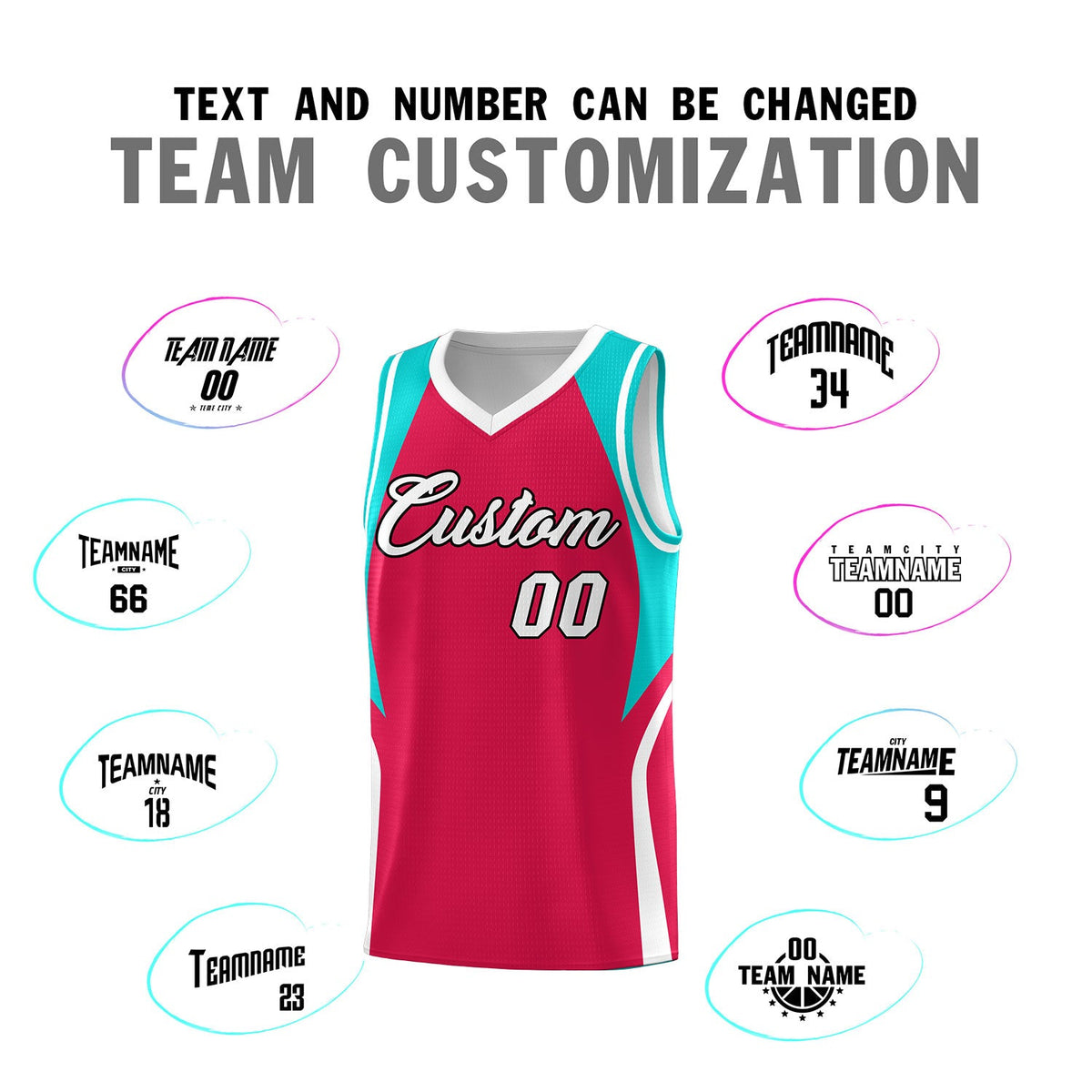 Custom Red Aqua and White Color Block Sports Uniform Basketball Jersey