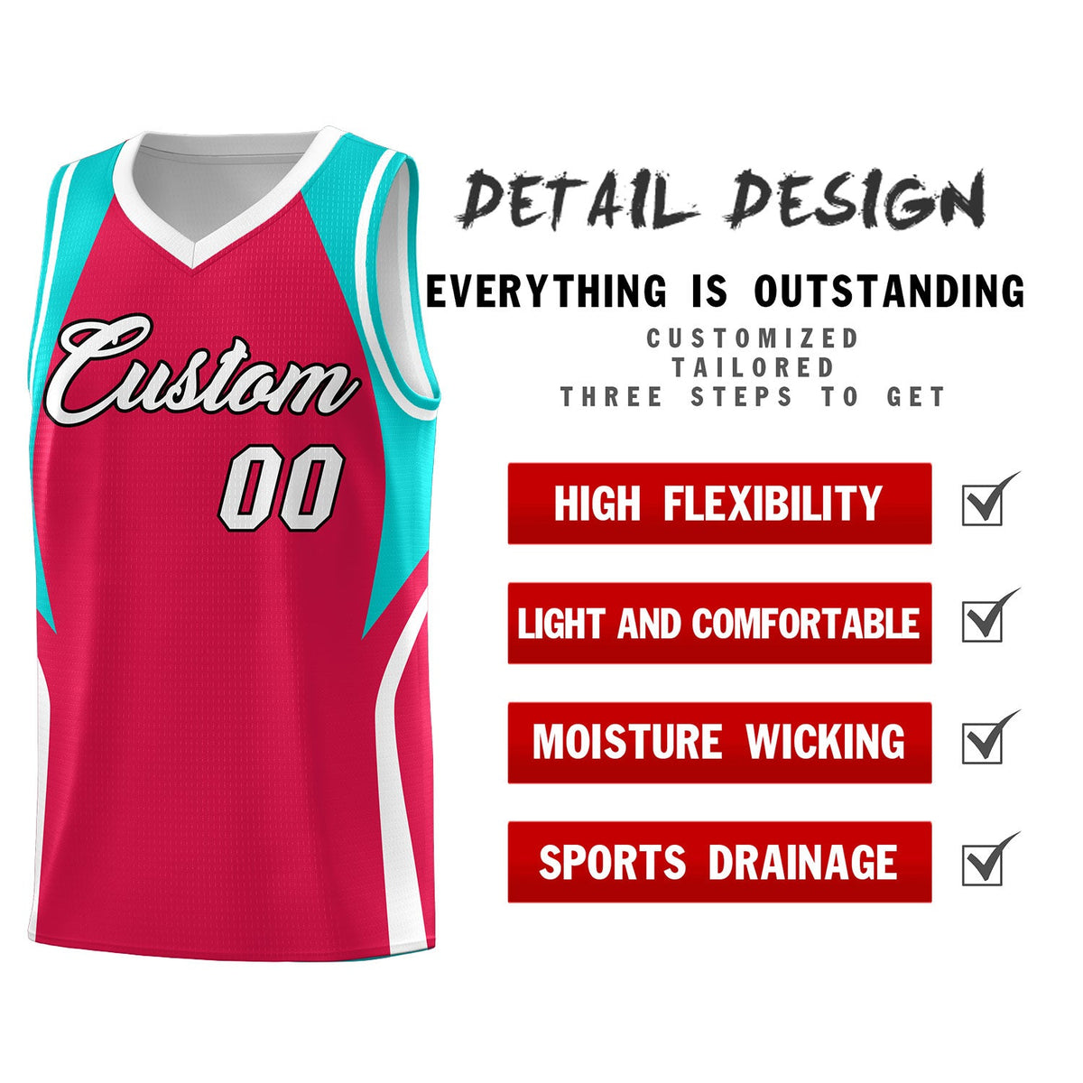 Custom Red Aqua and White Color Block Sports Uniform Basketball Jersey