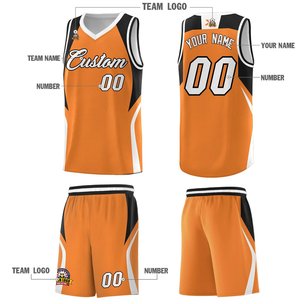 Custom Gold Orange Black and White Color Block Sports Uniform Basketball Jersey
