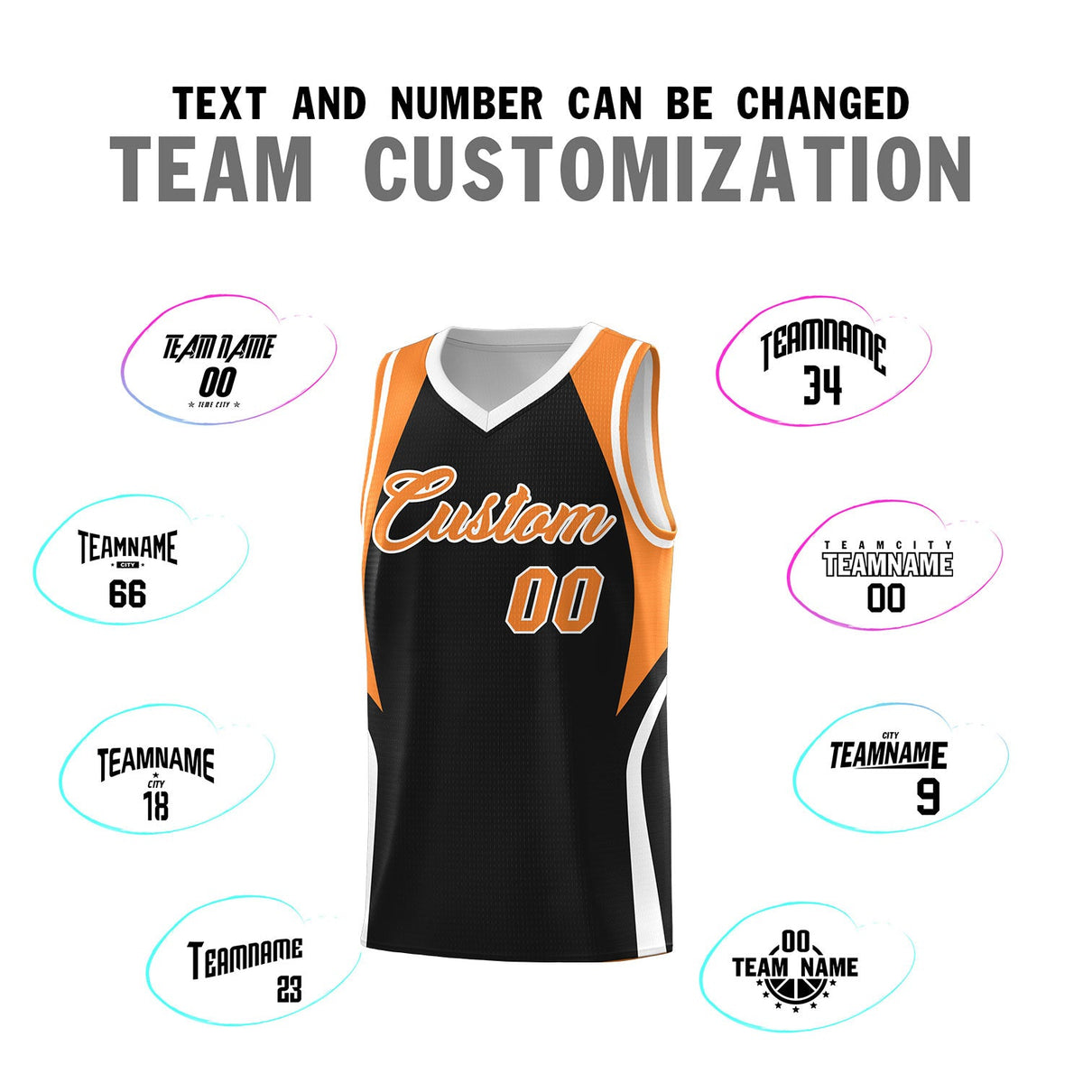 Custom Black Gold Orange and White Color Block Sports Uniform Basketball Jersey