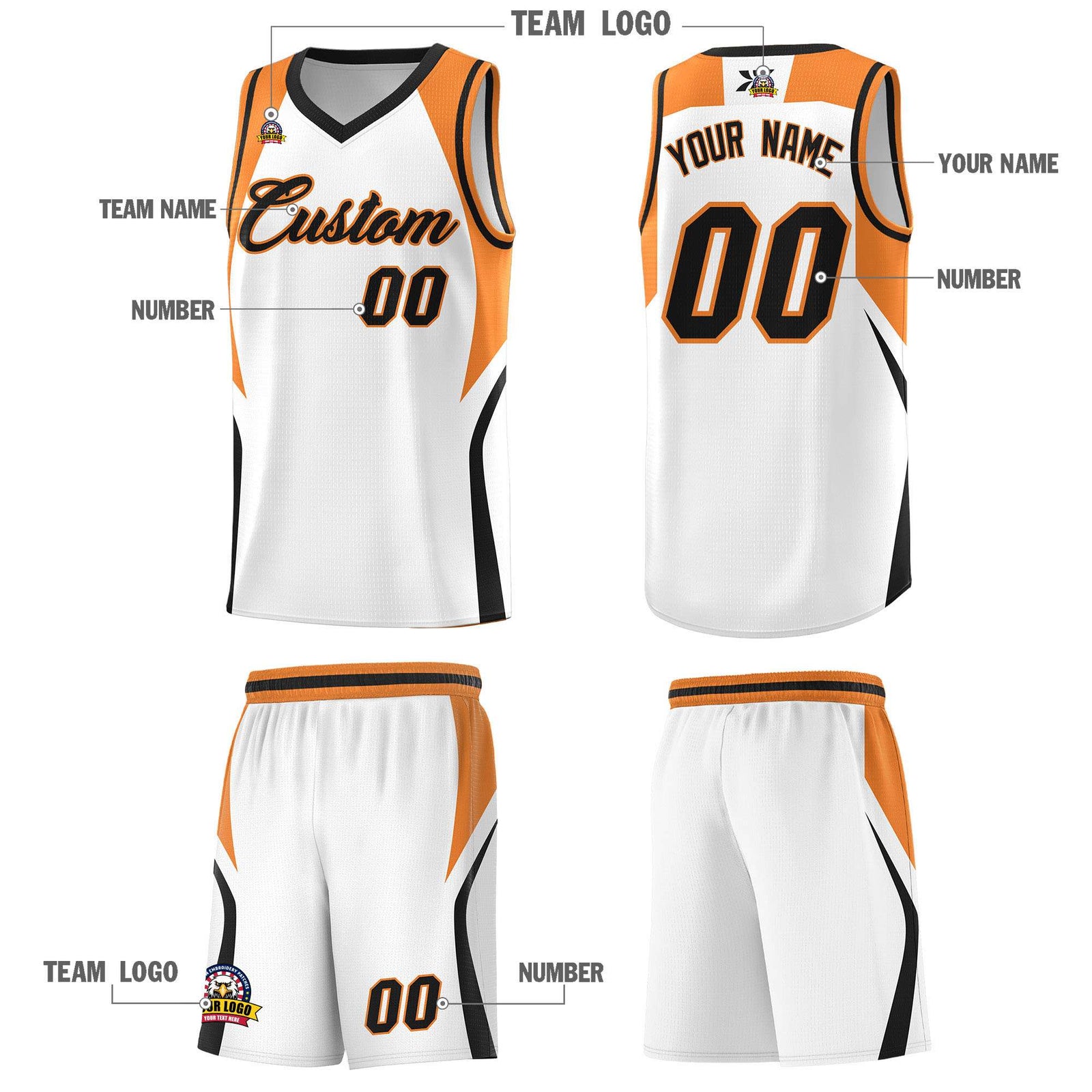 Custom White Gold Orange and Black Color Block Sports Uniform Basketball Jersey