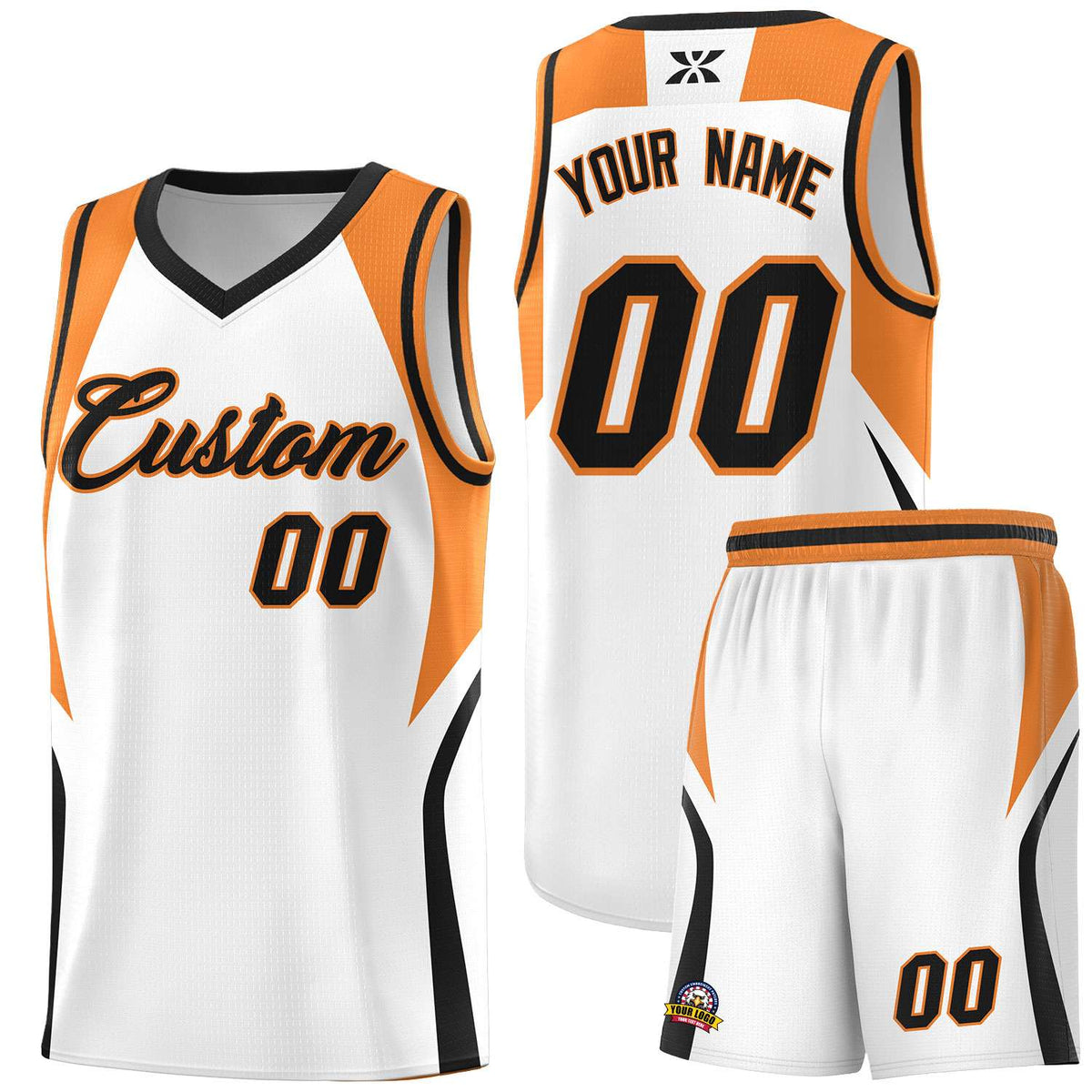 Custom White Gold Orange and Black Color Block Sports Uniform Basketball Jersey