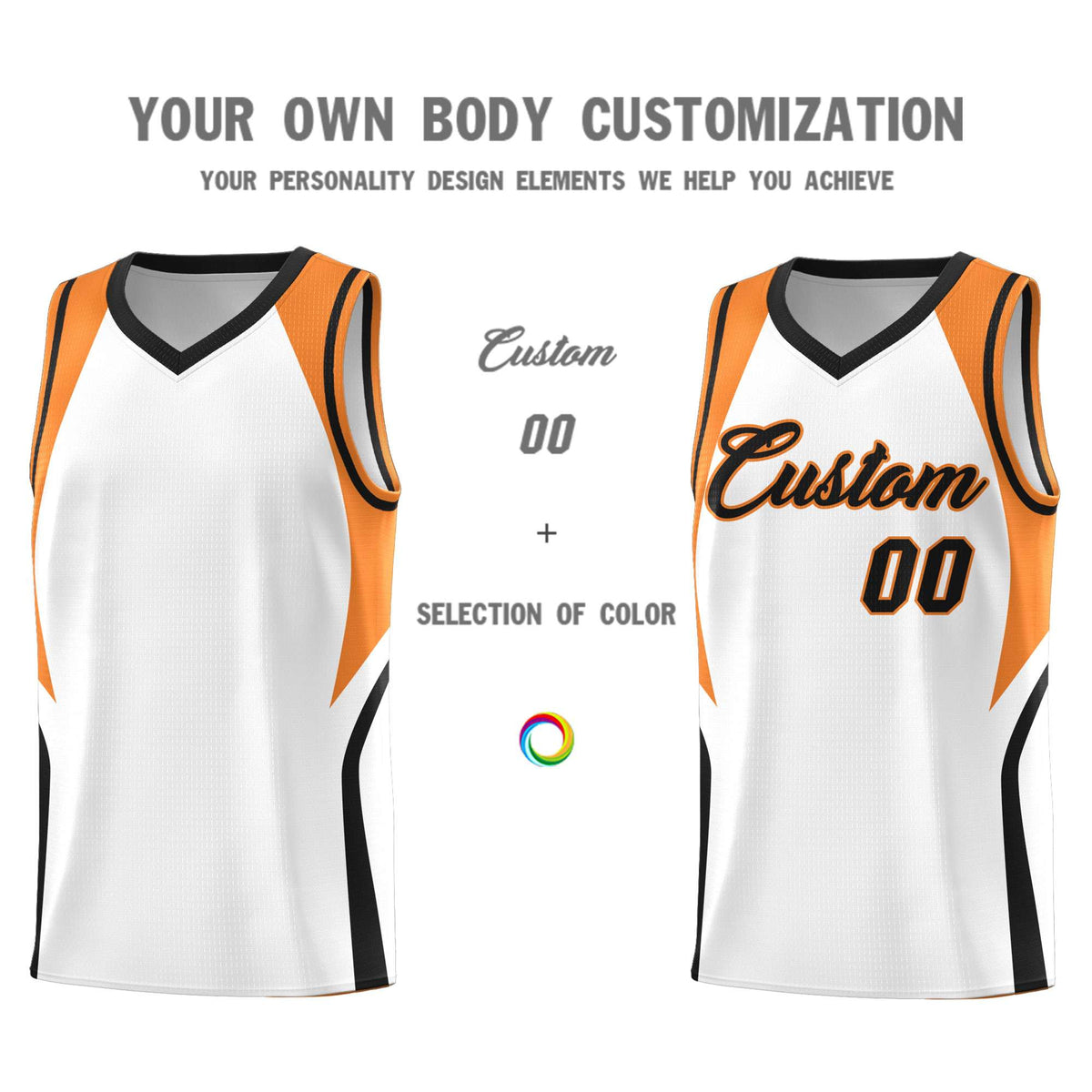 Custom White Gold Orange and Black Color Block Sports Uniform Basketball Jersey