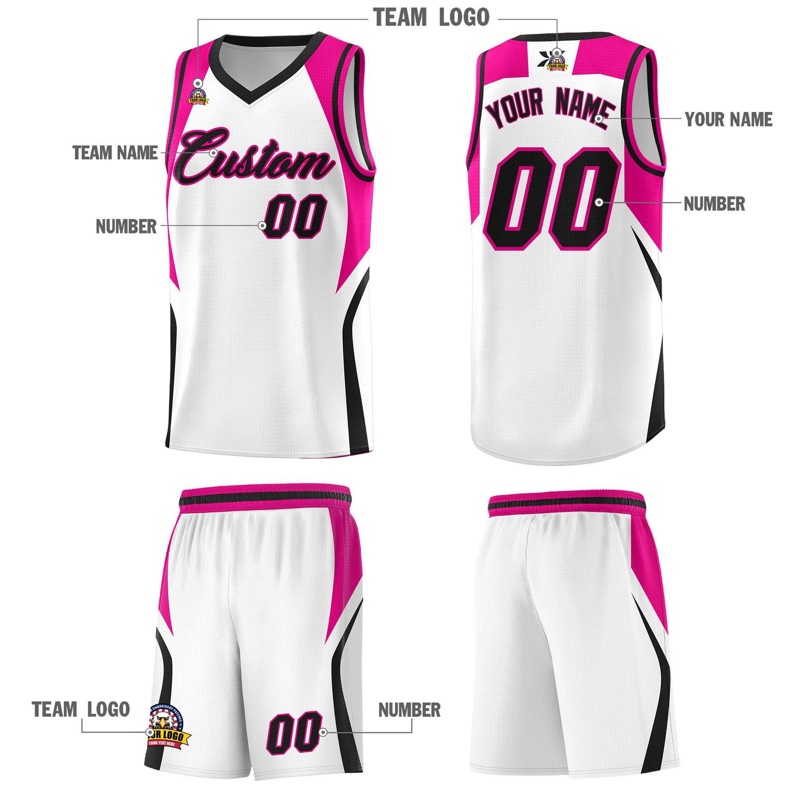 Custom White Pink and Black Color Block Sports Uniform Basketball Jersey