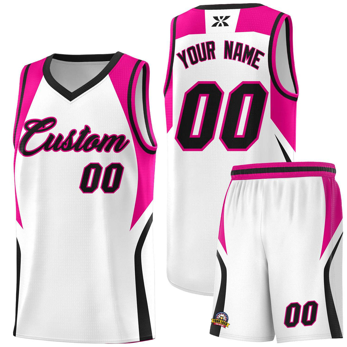 Custom White Pink and Black Color Block Sports Uniform Basketball Jersey