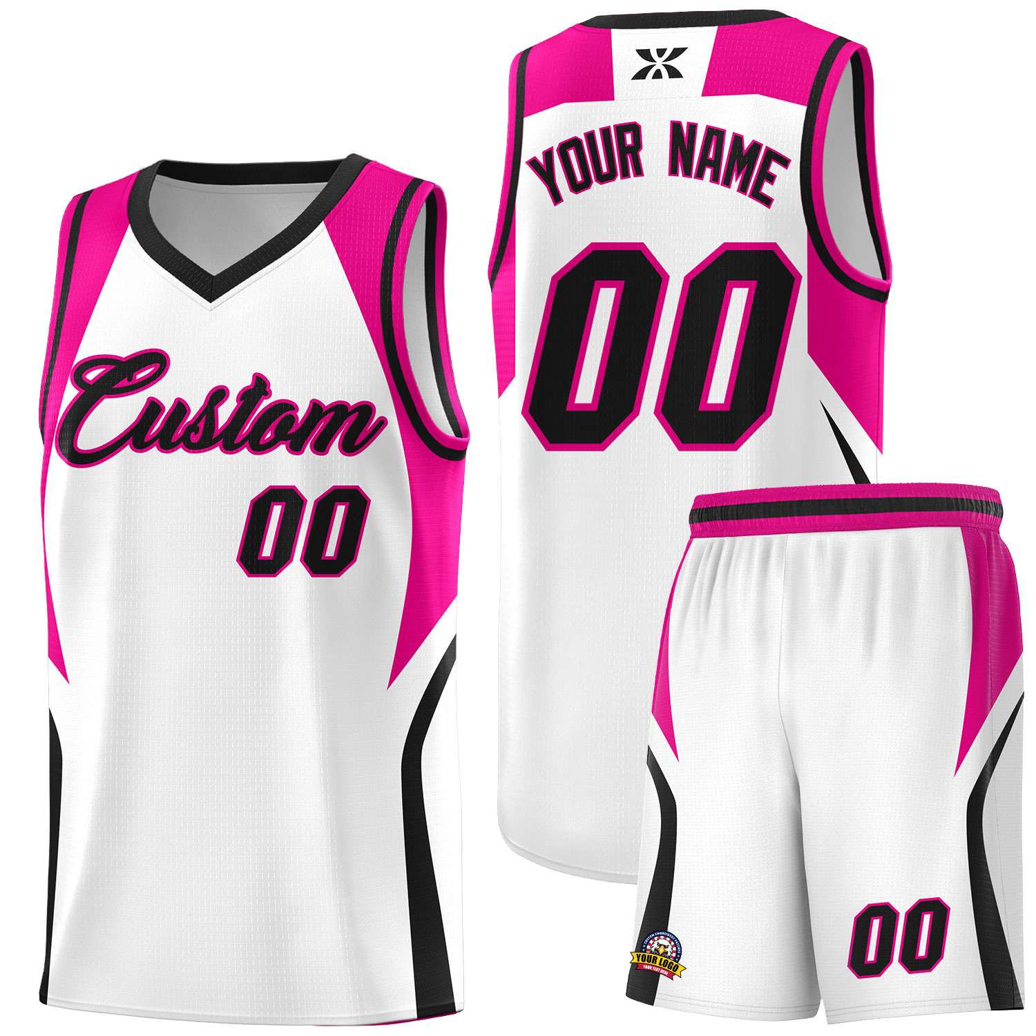 Custom White Pink and Black Color Block Sports Uniform Basketball Jersey