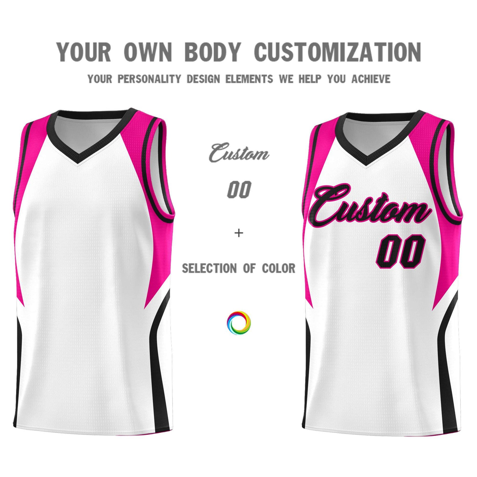 Custom White Pink and Black Color Block Sports Uniform Basketball Jersey