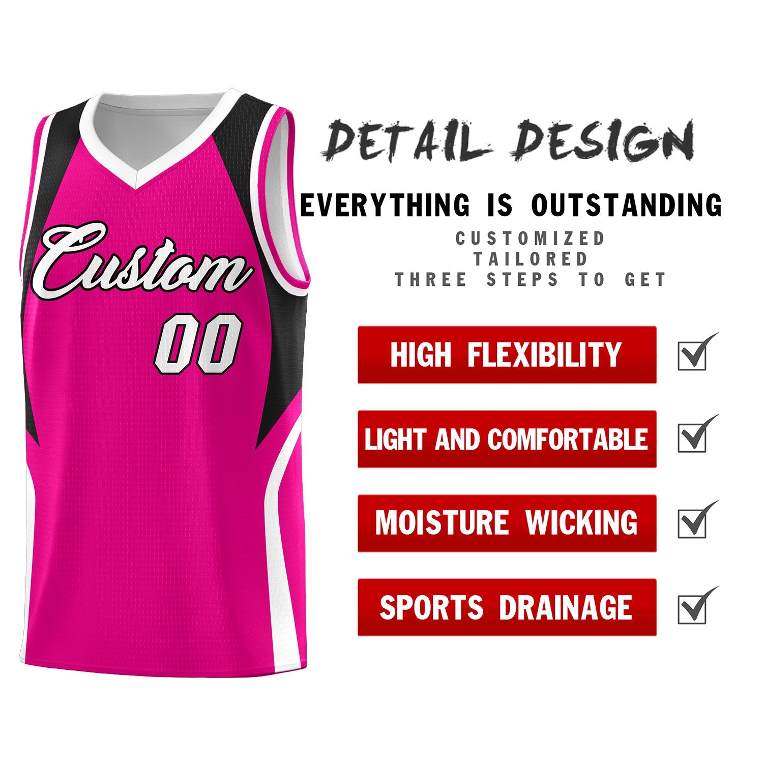 Custom Pink Black and White Color Block Sports Uniform Basketball Jersey