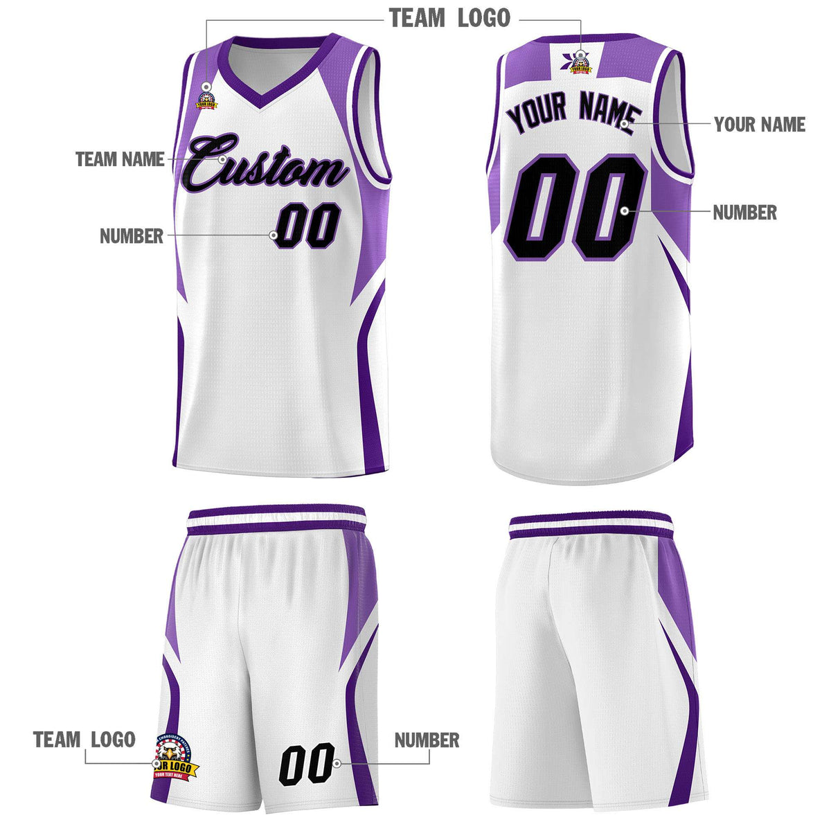 Custom White Light Purple and Purple Color Block Sports Uniform Basketball Jersey