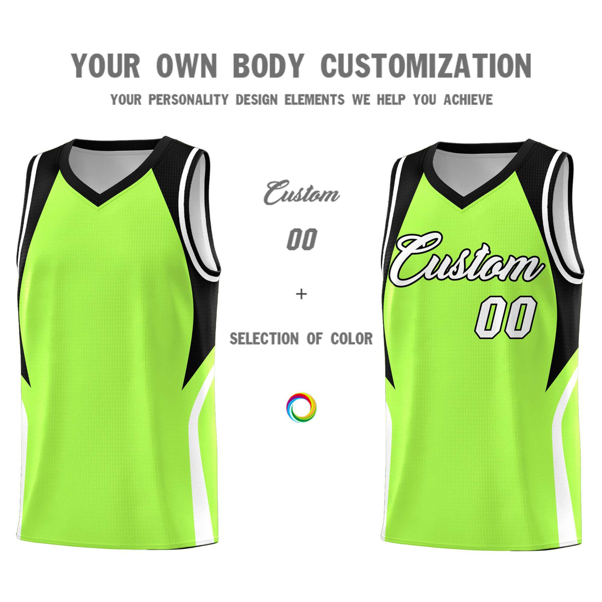 Custom Fluorescent Green Black and White Color Block Sports Uniform Basketball Jersey